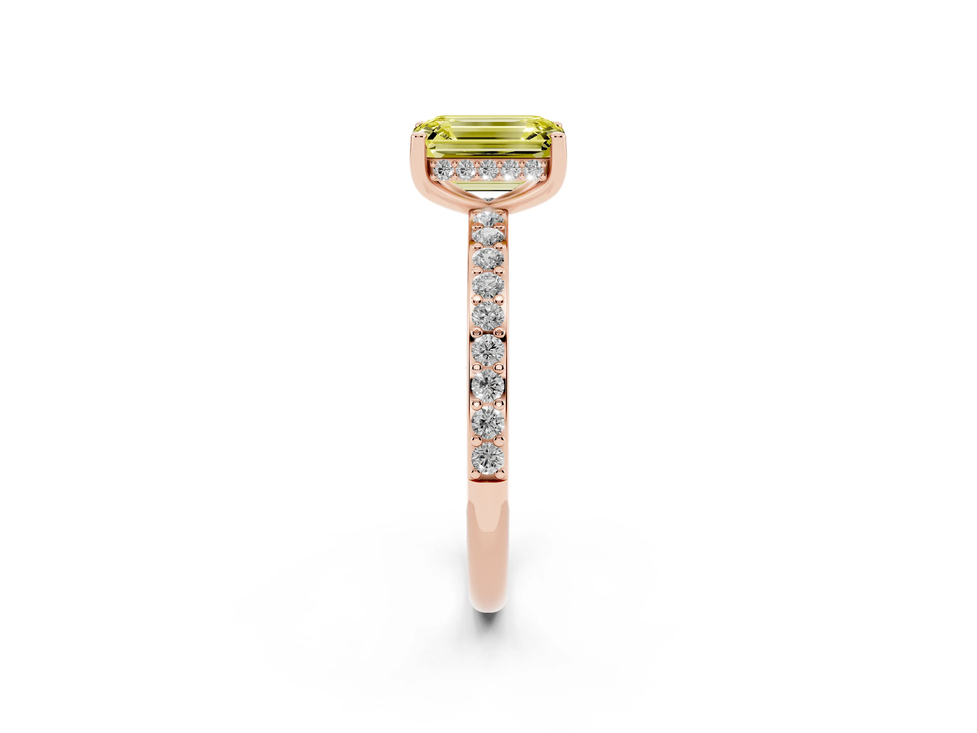 Fancy Yellow Emerald Cut Diamond Pavé Band Ring Set in Rose gold with Prong-Set Center Stone