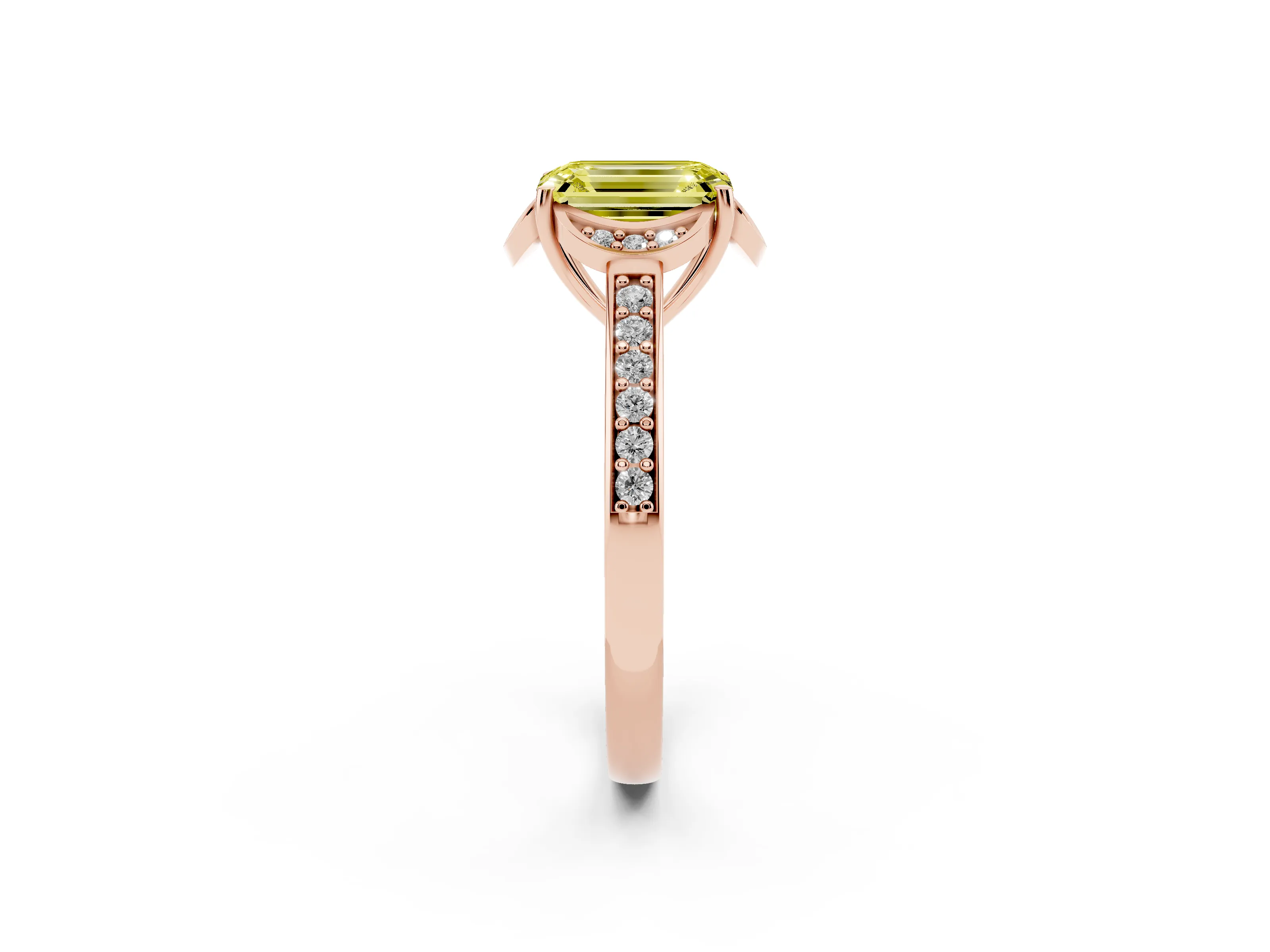 Fancy Yellow Emerald Cut Diamond Halo Ring Set in Rose gold with Channel Set Band and Prong Setting
