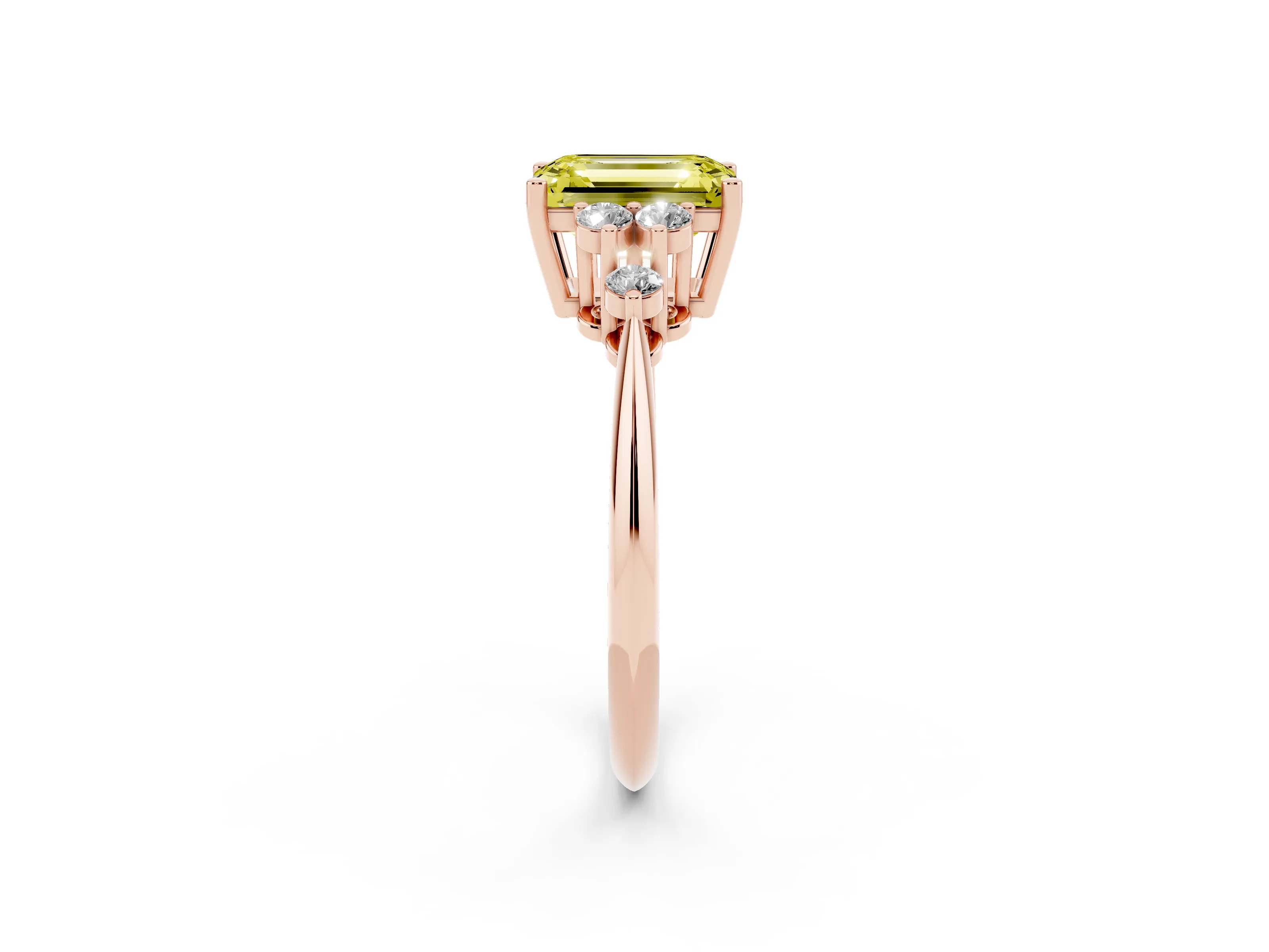 Fancy Yellow Emerald Cut Diamond Cluster Ring Set in Rose gold with Plain Band and Prong Setting