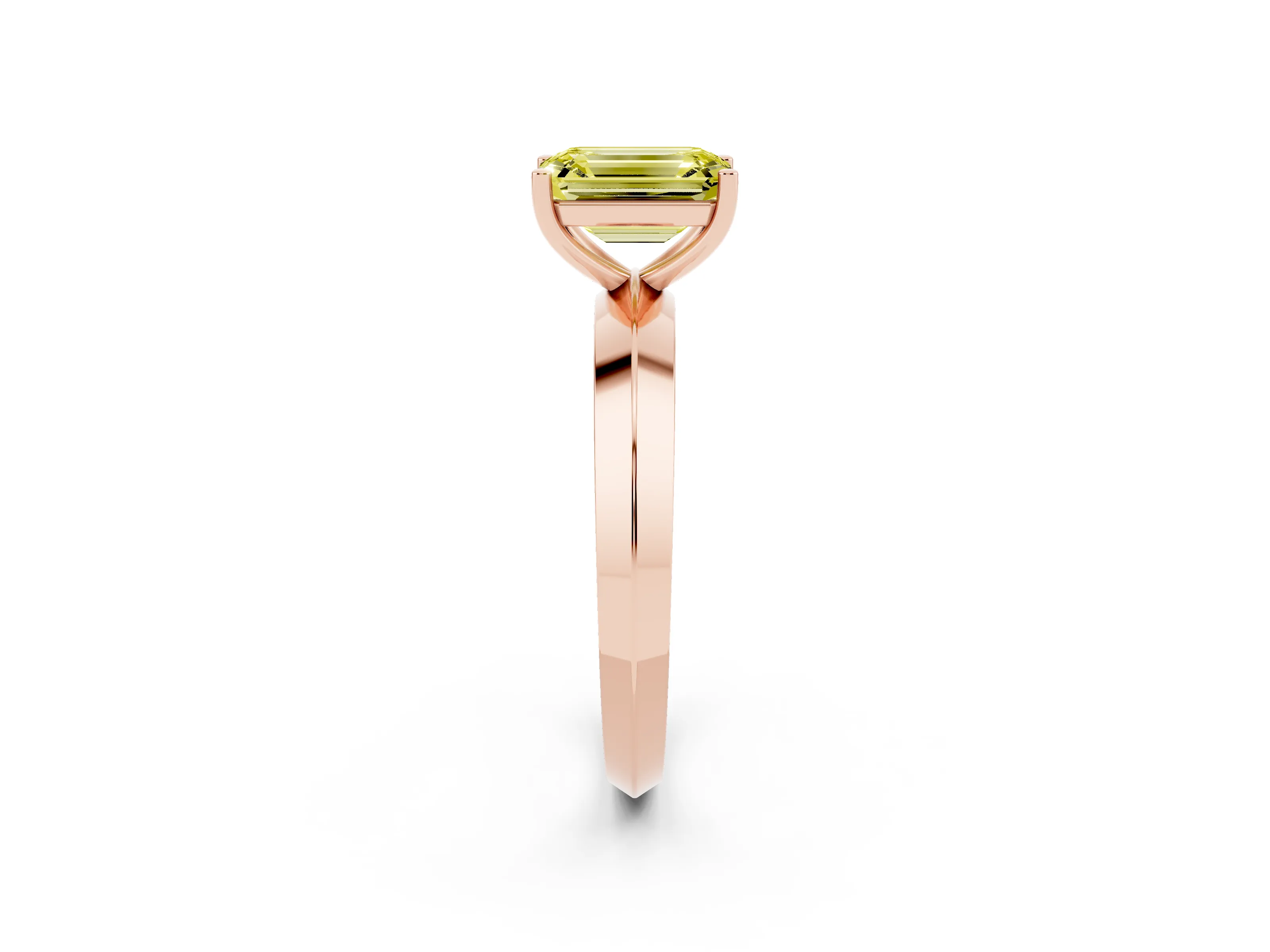 Fancy Yellow Emerald Cut Diamond Solitaire Engagement Ring Set in Rose gold with Flat Band and Prong Setting