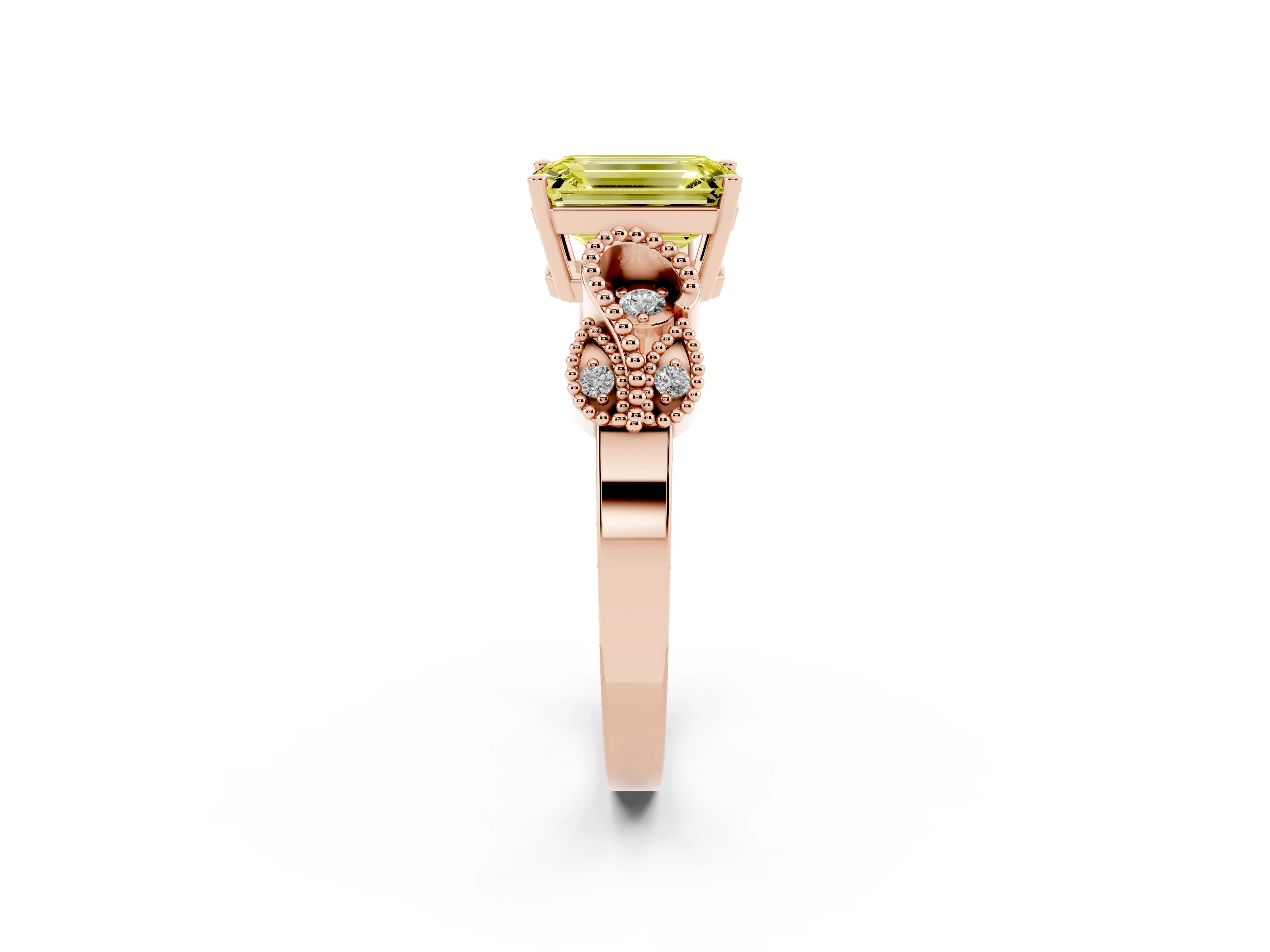 Fancy Yellow Emerald Cut Diamond Milgrain Leaf Band Solitaire Ring Set in Rose gold with Accent Stones and Prong Setting