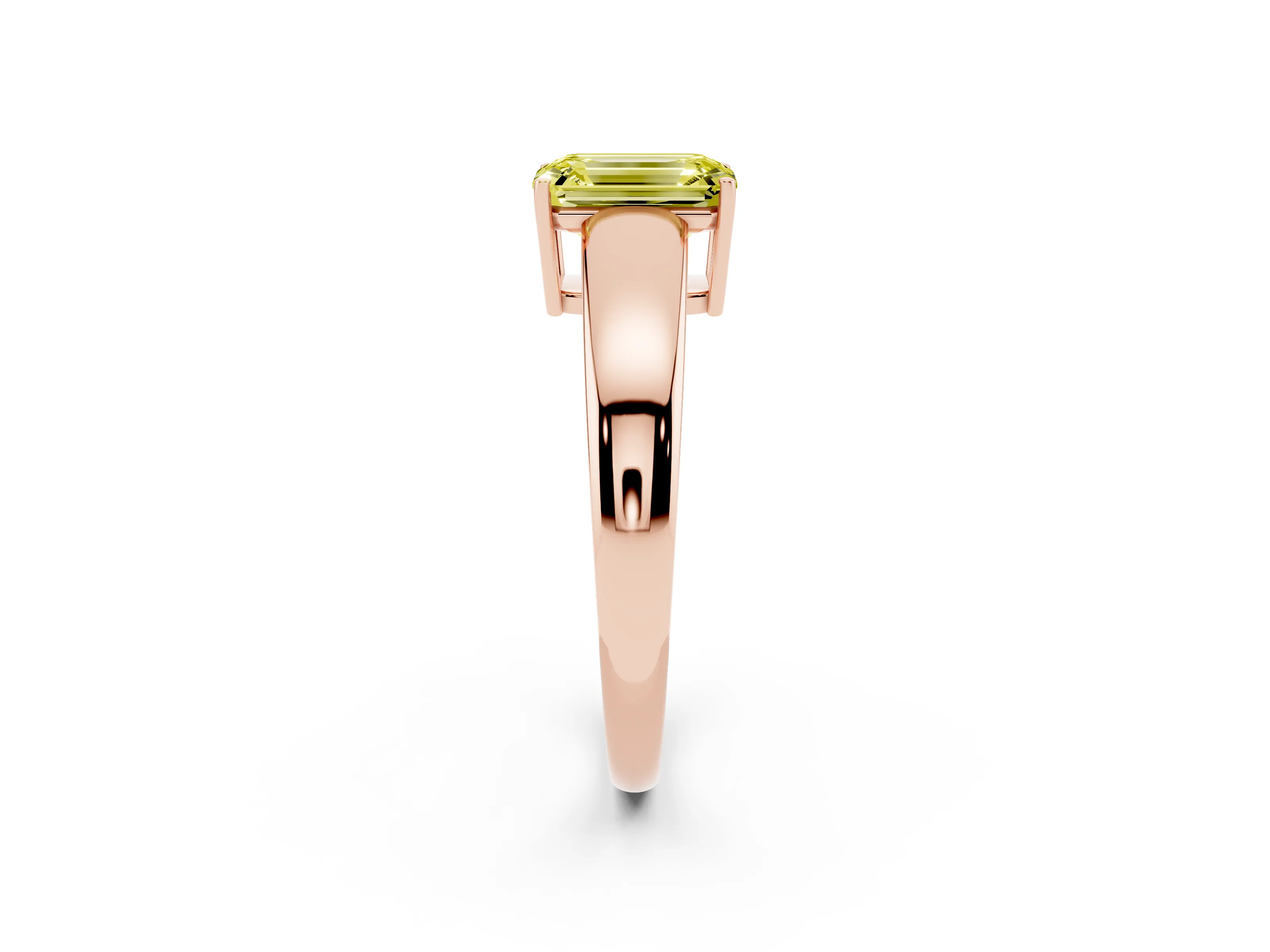 Fancy Yellow Emerald Cut Diamond Solitaire Ring Set in Rose gold with Tapered Band and Prong Setting