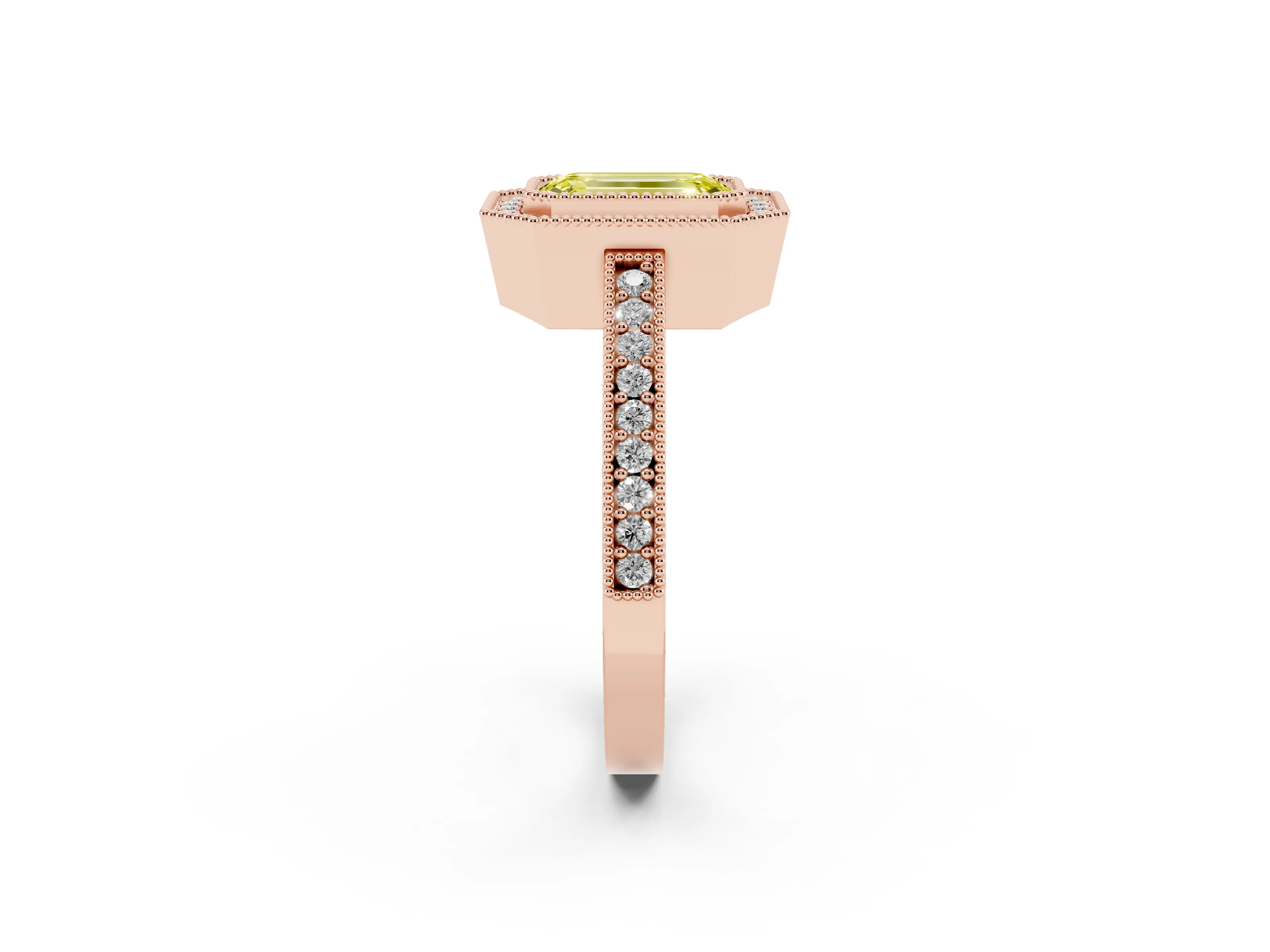 Fancy Yellow Emerald Cut Diamond Halo Engagement Ring Set in Rose gold with Pavé Band and Round Halo Stones