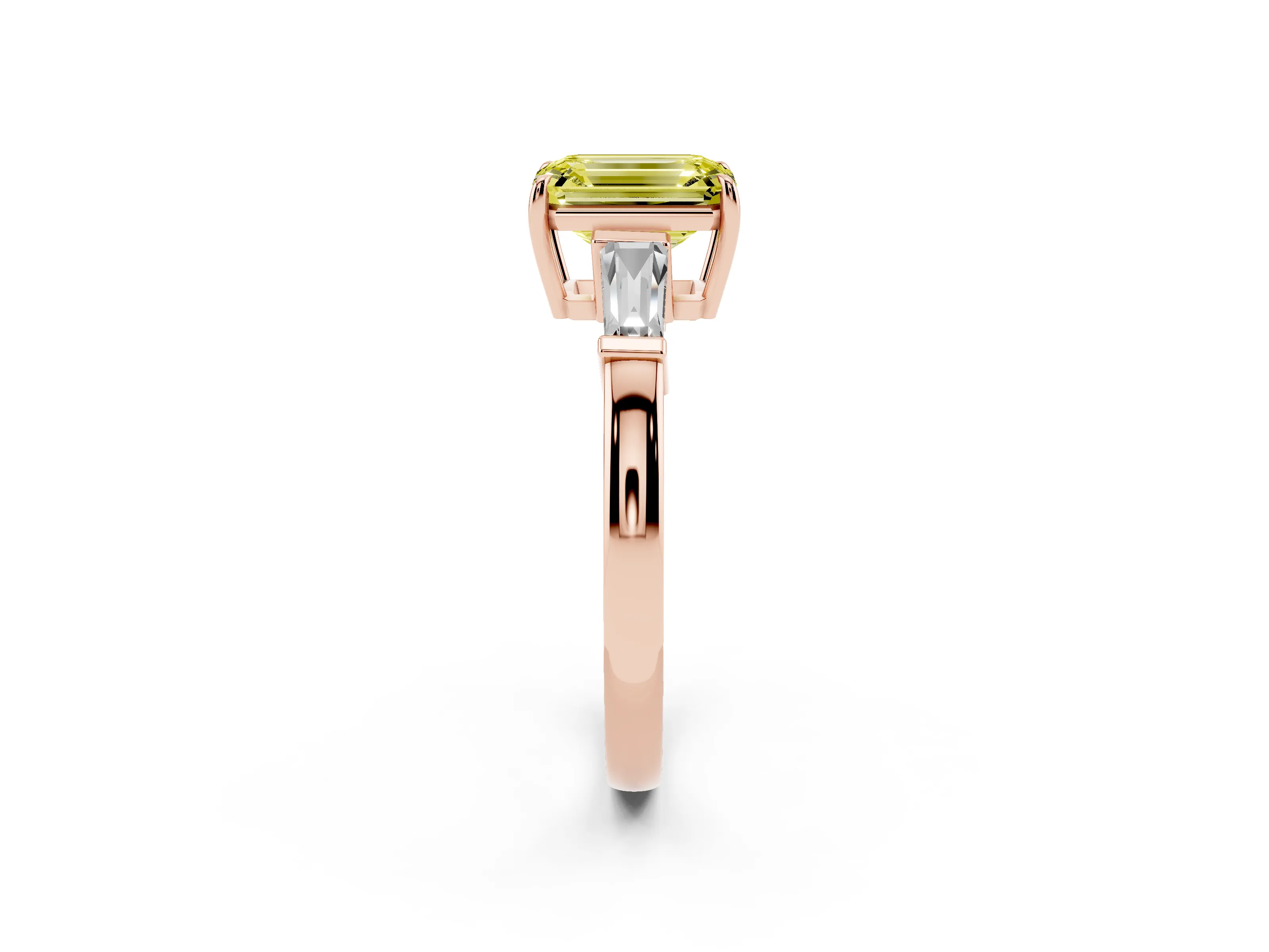 Fancy Yellow Emerald Cut Diamond Three-Stone Ring Set in Rose gold with Tapered Baguette Side Stones and Prong Setting