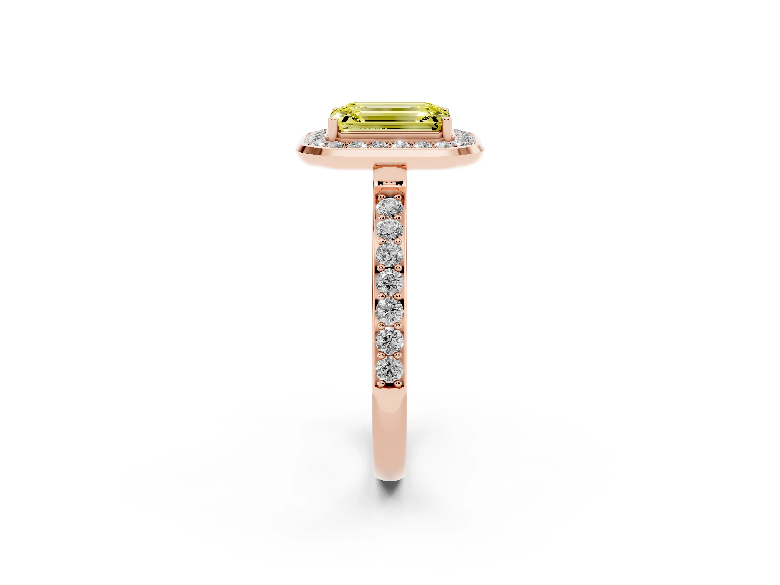 Fancy Yellow Emerald Cut Diamond Halo Ring Set in Rose gold with Bezel Frame and Pavé Band