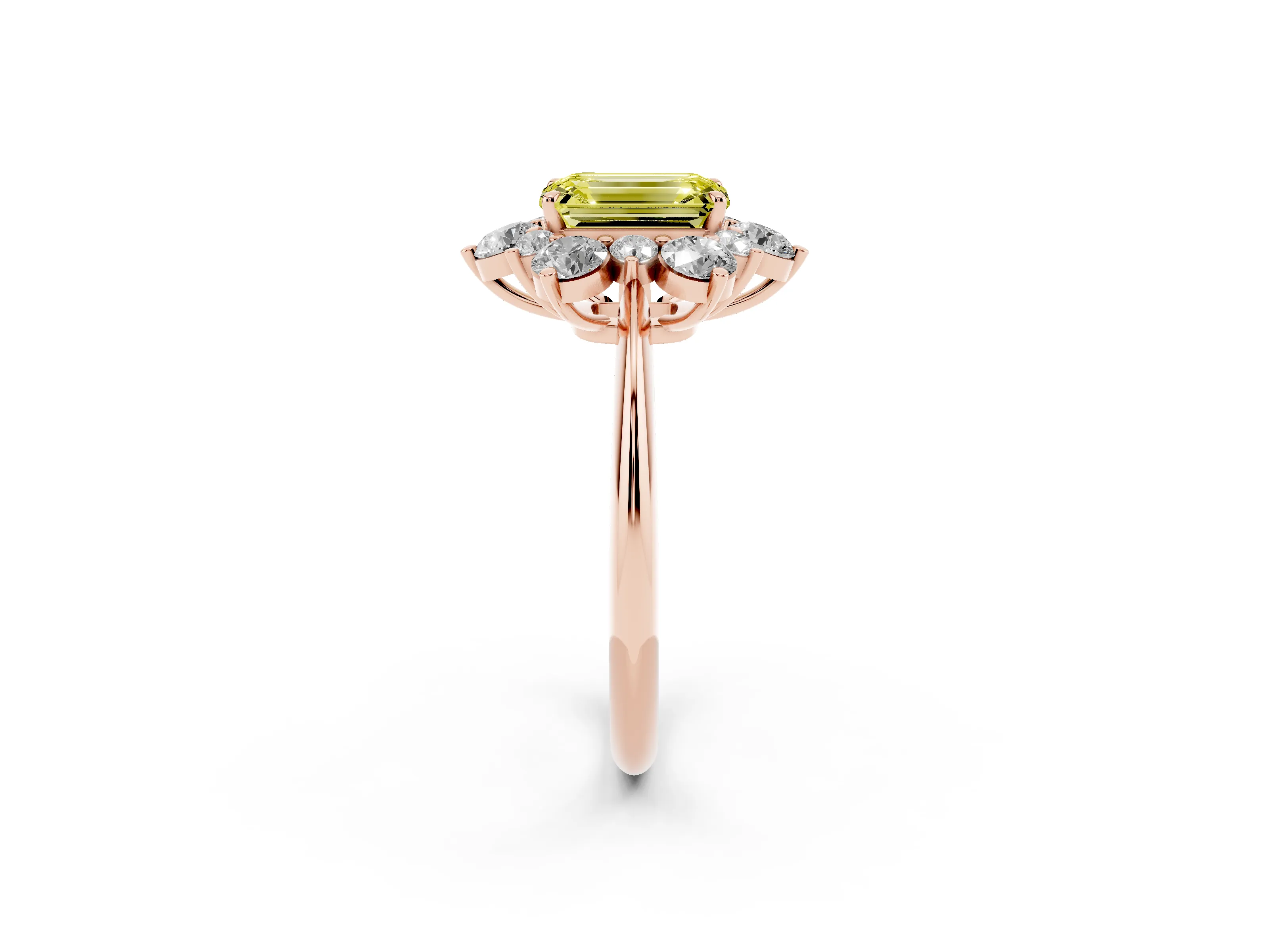 Fancy Yellow Emerald Cut Diamond Cluster Halo Ring Set in Rose gold with Solitaire Band and Prong Setting