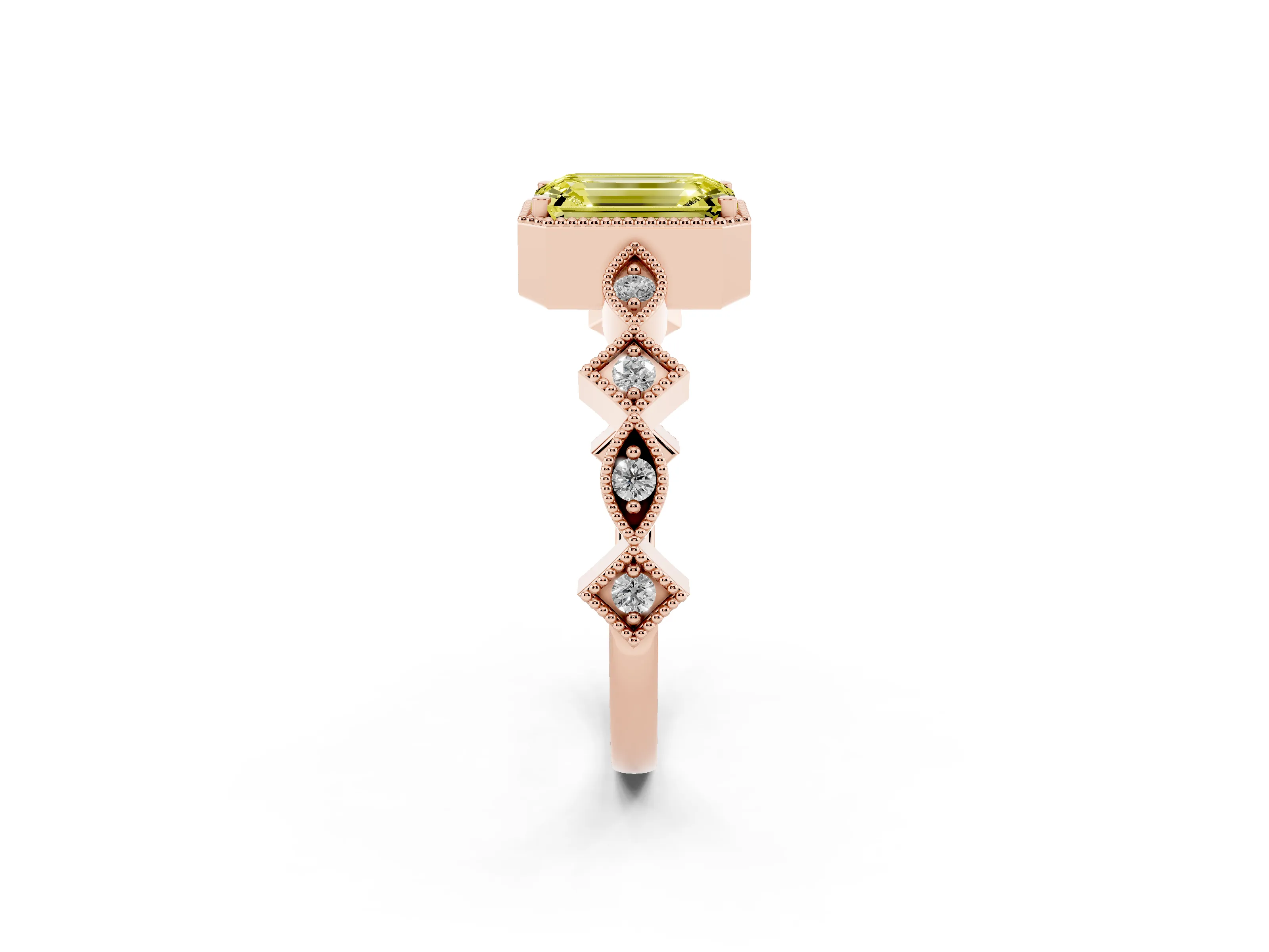 Fancy Yellow Emerald Cut Diamond Milgrain Marquise Twist Band Ring Set in Rose gold with Prong Setting