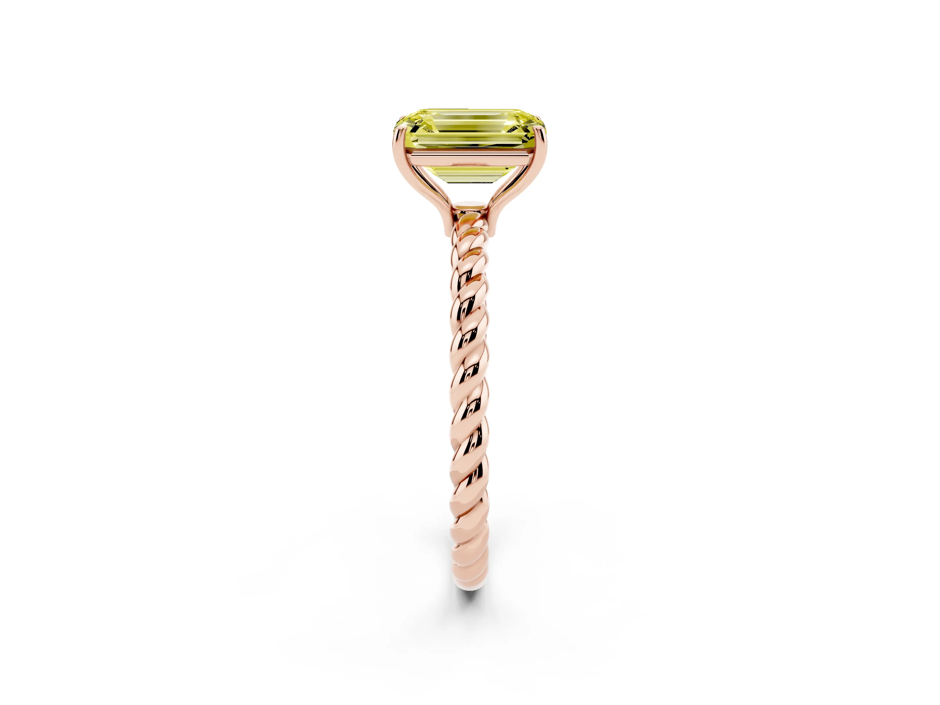 Fancy Yellow Emerald Cut Diamond Solitaire Ring Set in Rose gold with Twist Band and Prong Setting