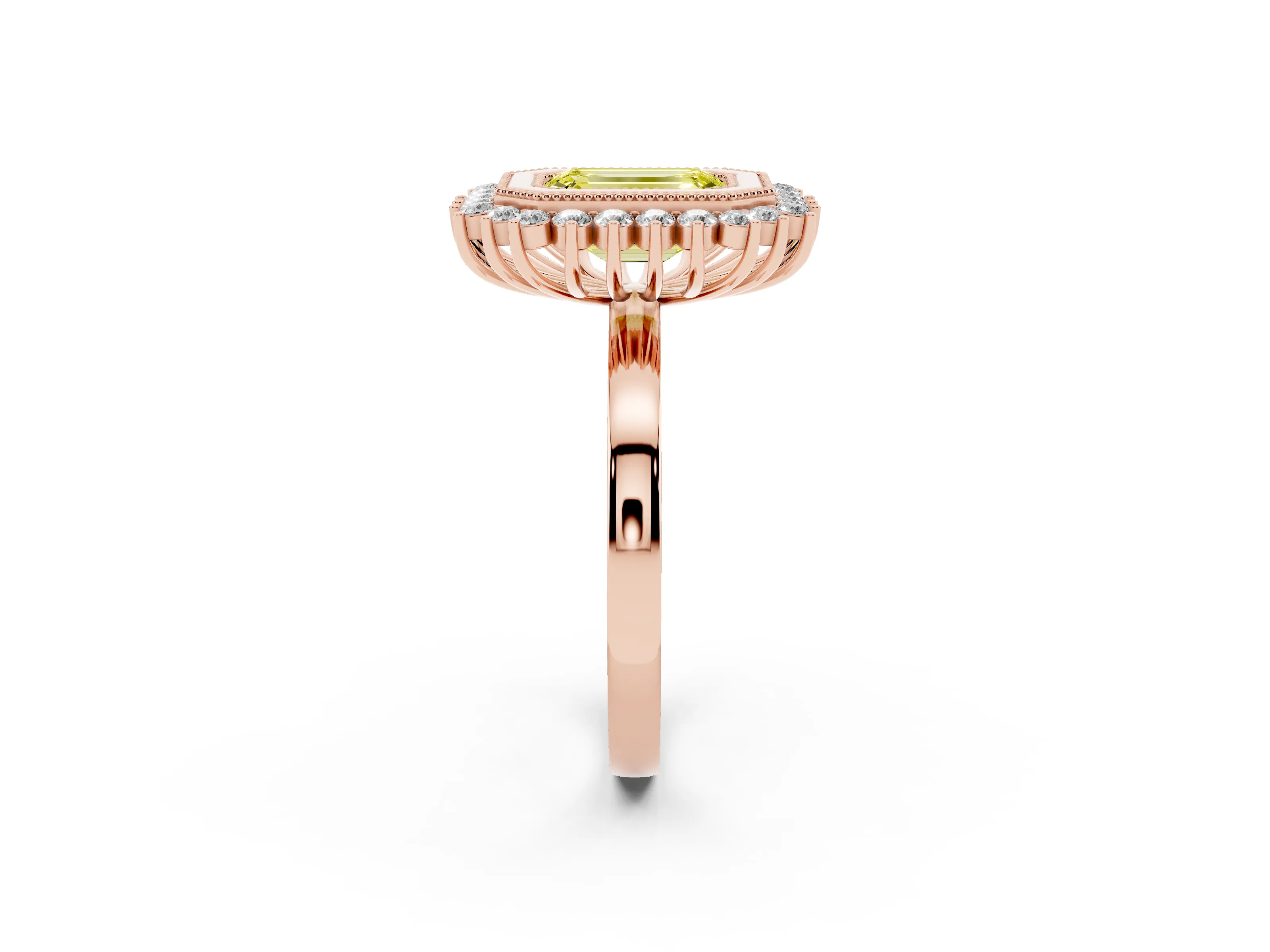 Fancy Yellow Emerald Cut Diamond Halo Ring Set in Rose gold with Milgrain Edge and Round Prong Setting