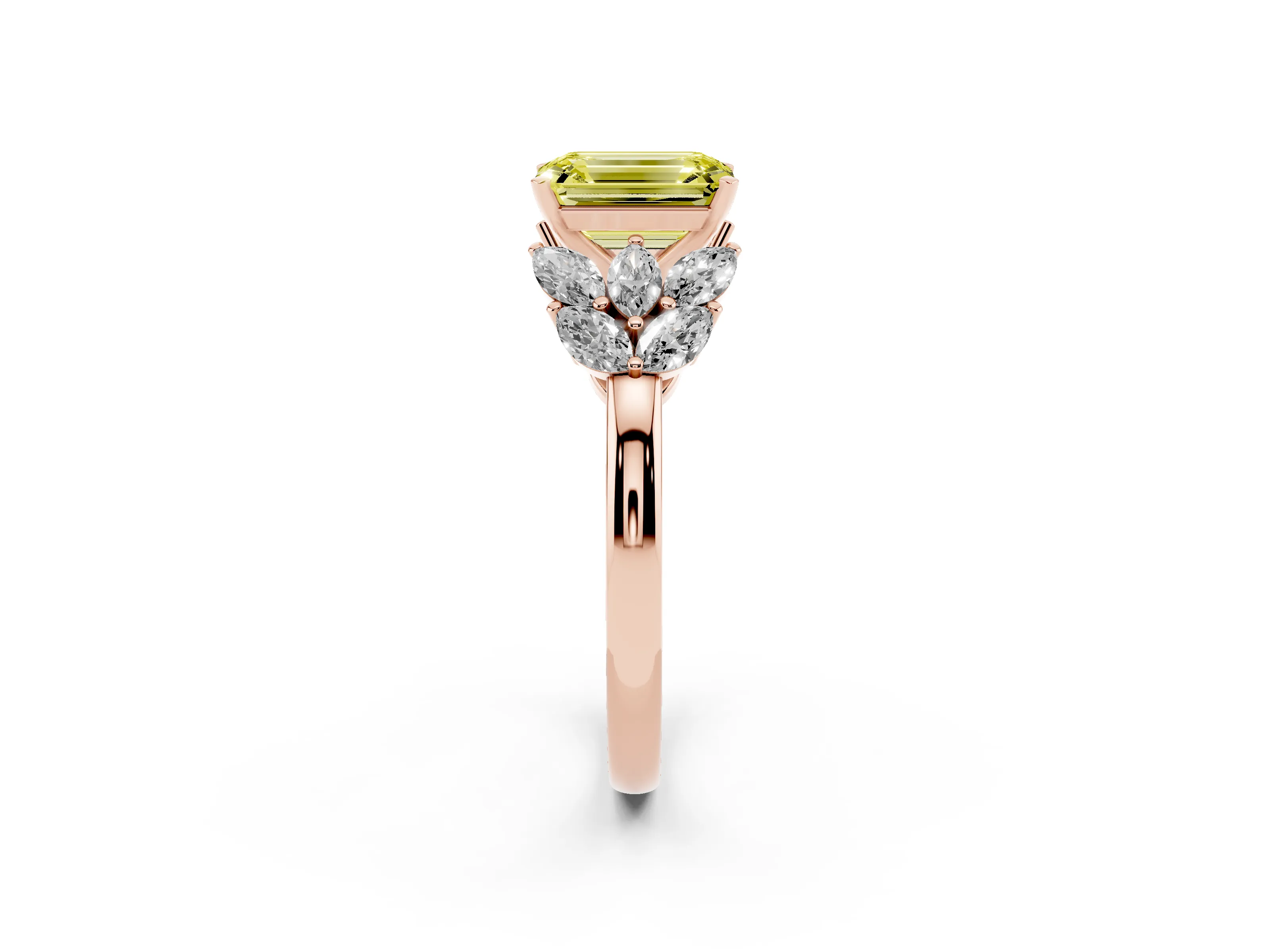 Fancy Yellow Emerald Cut Diamond Cluster Leaf Design Ring Set in Rose gold with Prong Setting