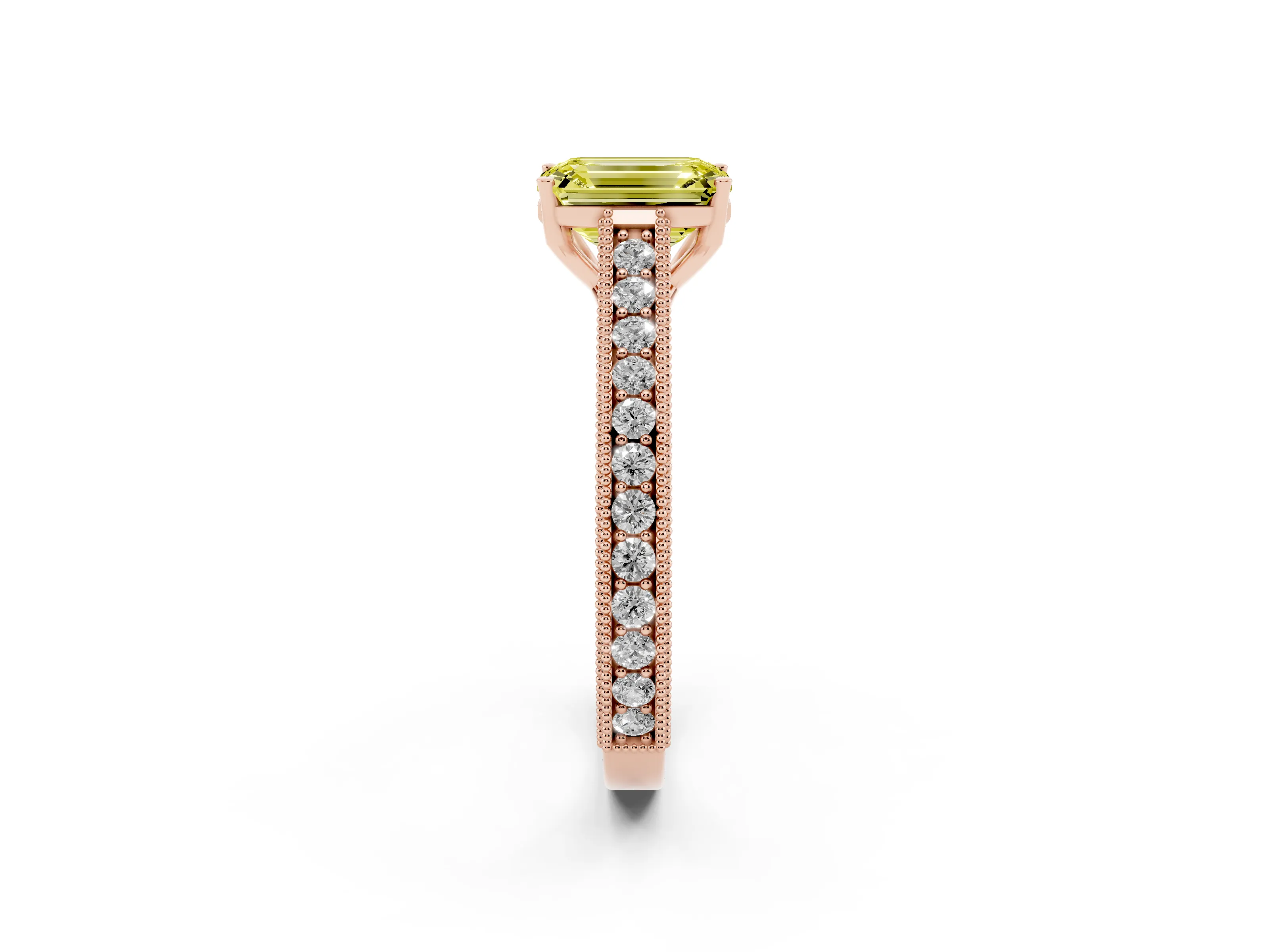 Fancy Yellow Emerald Cut Diamond Milgrain Pavé Band Solitaire Ring Set in Rose gold with Prong Setting