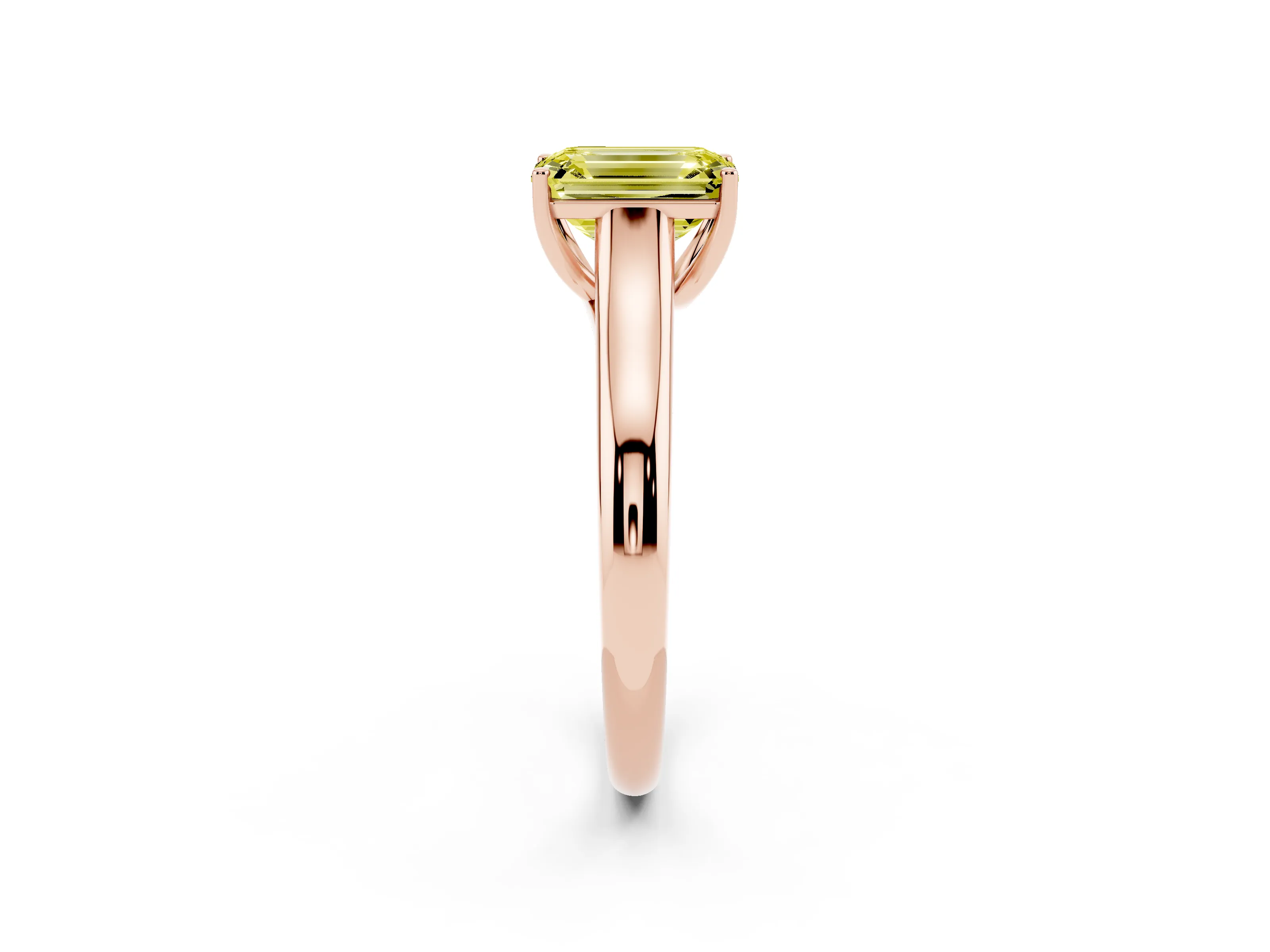 Fancy Yellow Emerald Cut Diamond Solitaire Engagement Ring Set in Rose gold with Subtly Tapered Band and Prong Setting