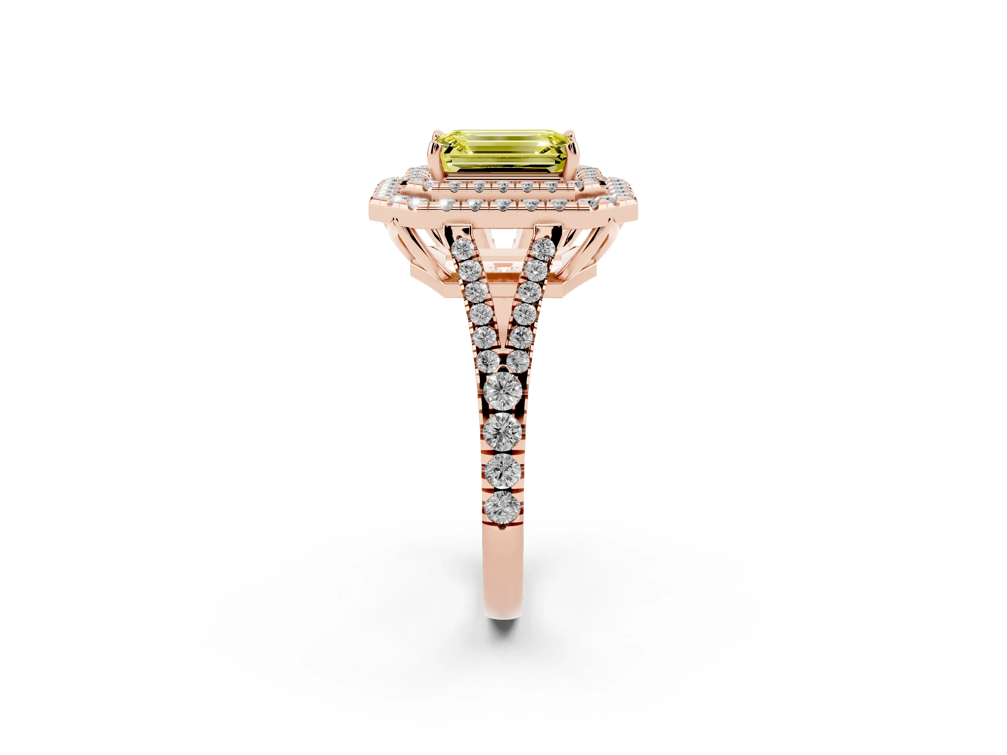 Fancy Yellow Emerald Cut Diamond Double Halo Ring Set in Rose gold with Pavé Band