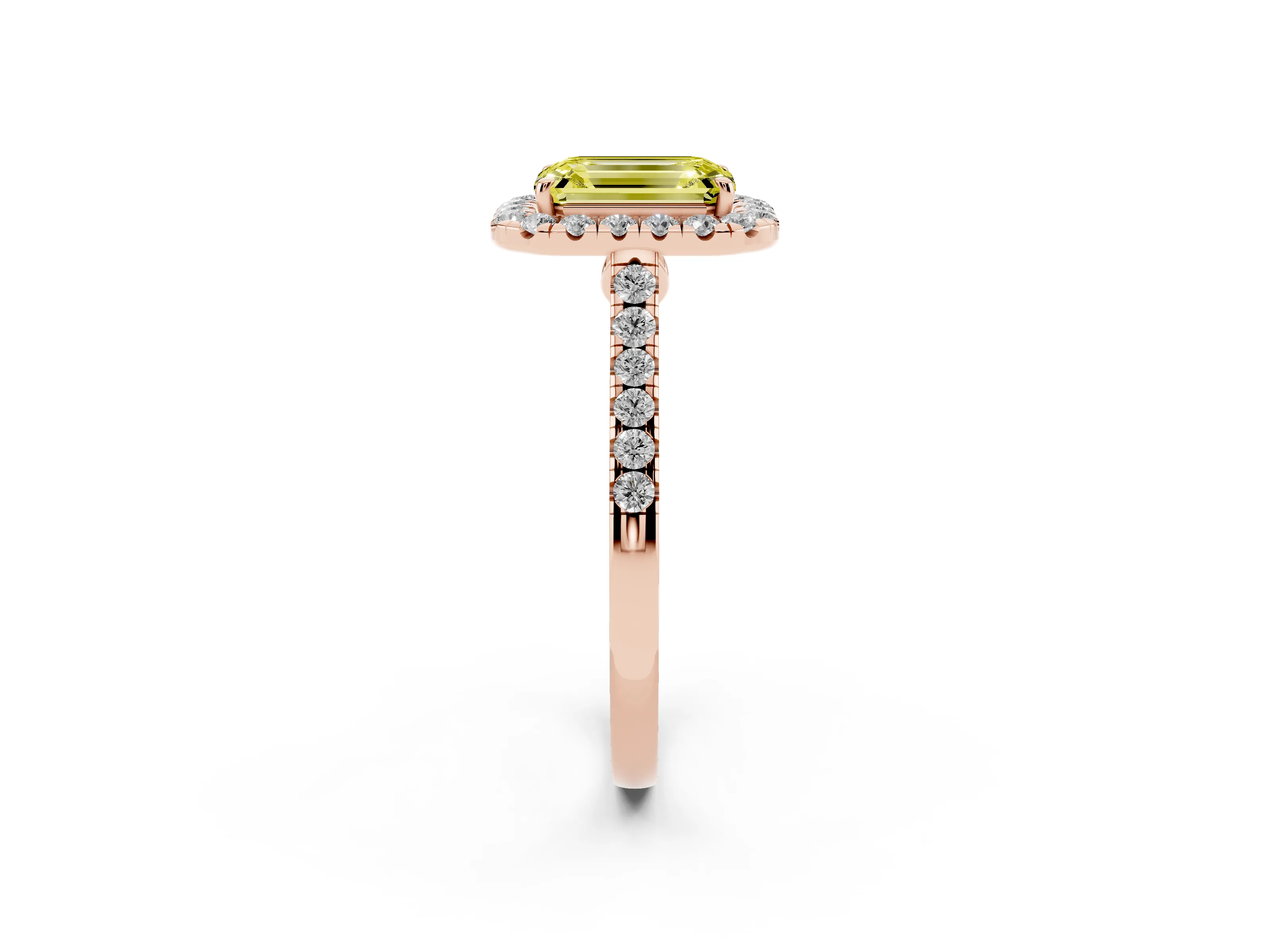 Fancy Yellow Emerald Cut Diamond Halo Pavé Engagement Ring Set in Rose gold with Prong Setting
