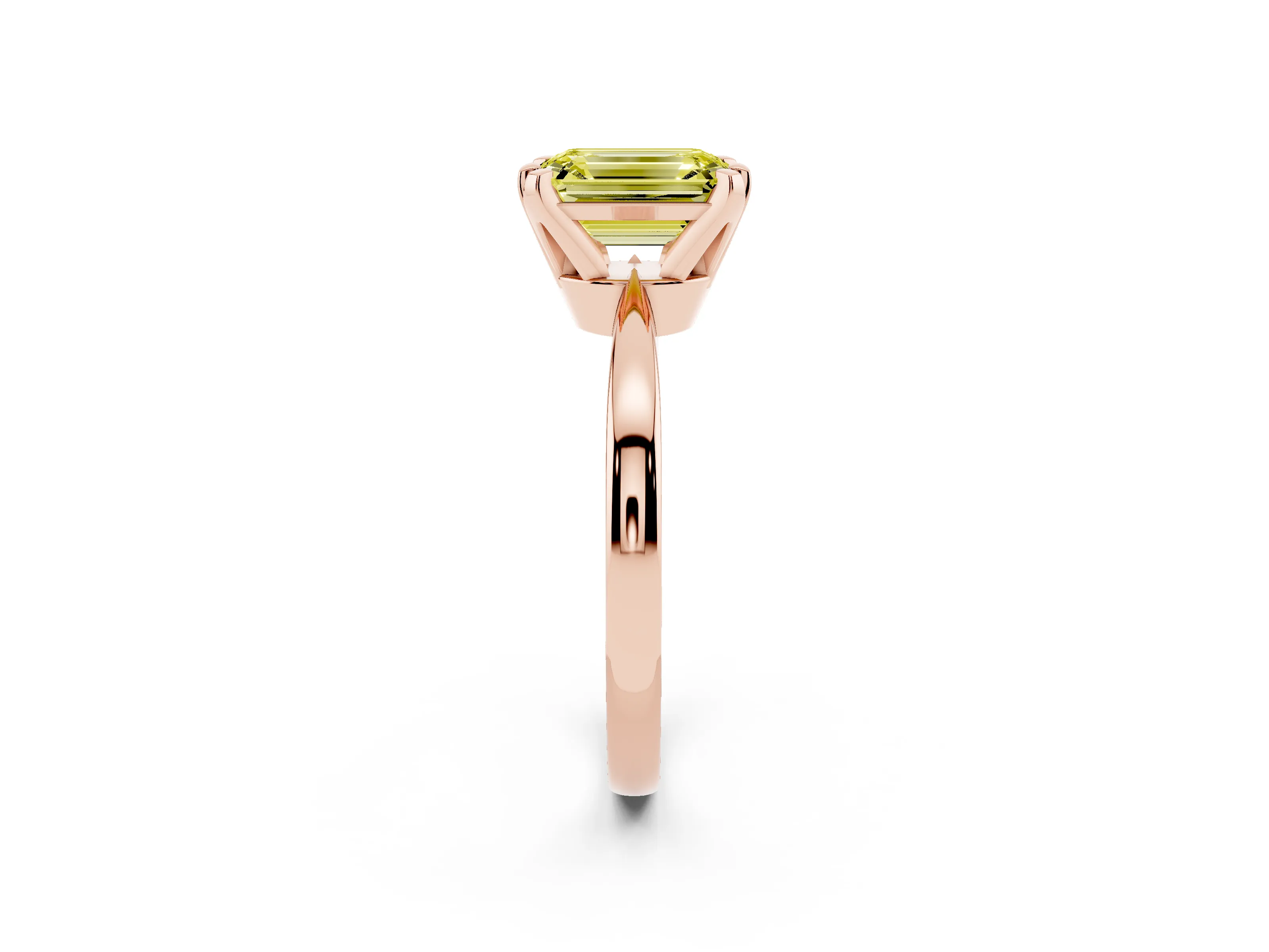 Fancy Yellow Emerald Cut Diamond Solitaire Engagement Ring Set in Rose gold with Slim Tapered Solitaire Band