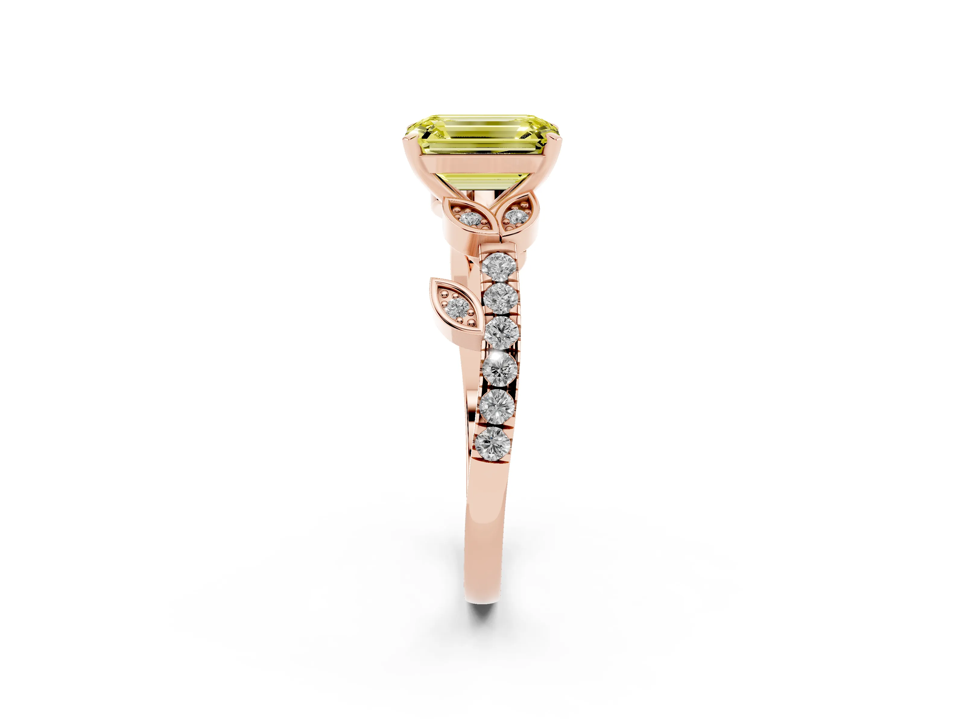 Fancy Yellow Emerald Cut Diamond Solitaire Leaf-Inspired Ring Set in Rose gold with Pavé Band and Prong Setting
