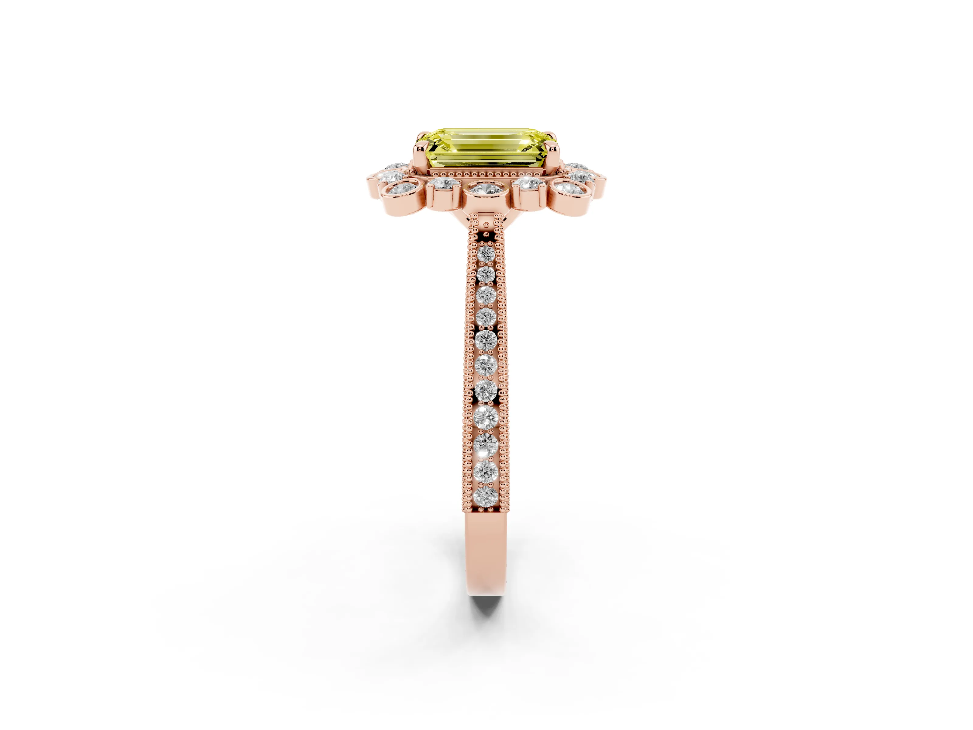 Fancy Yellow Emerald Cut Diamond Halo Milgrain Pavé Ring Set in Rose gold with Prong Setting