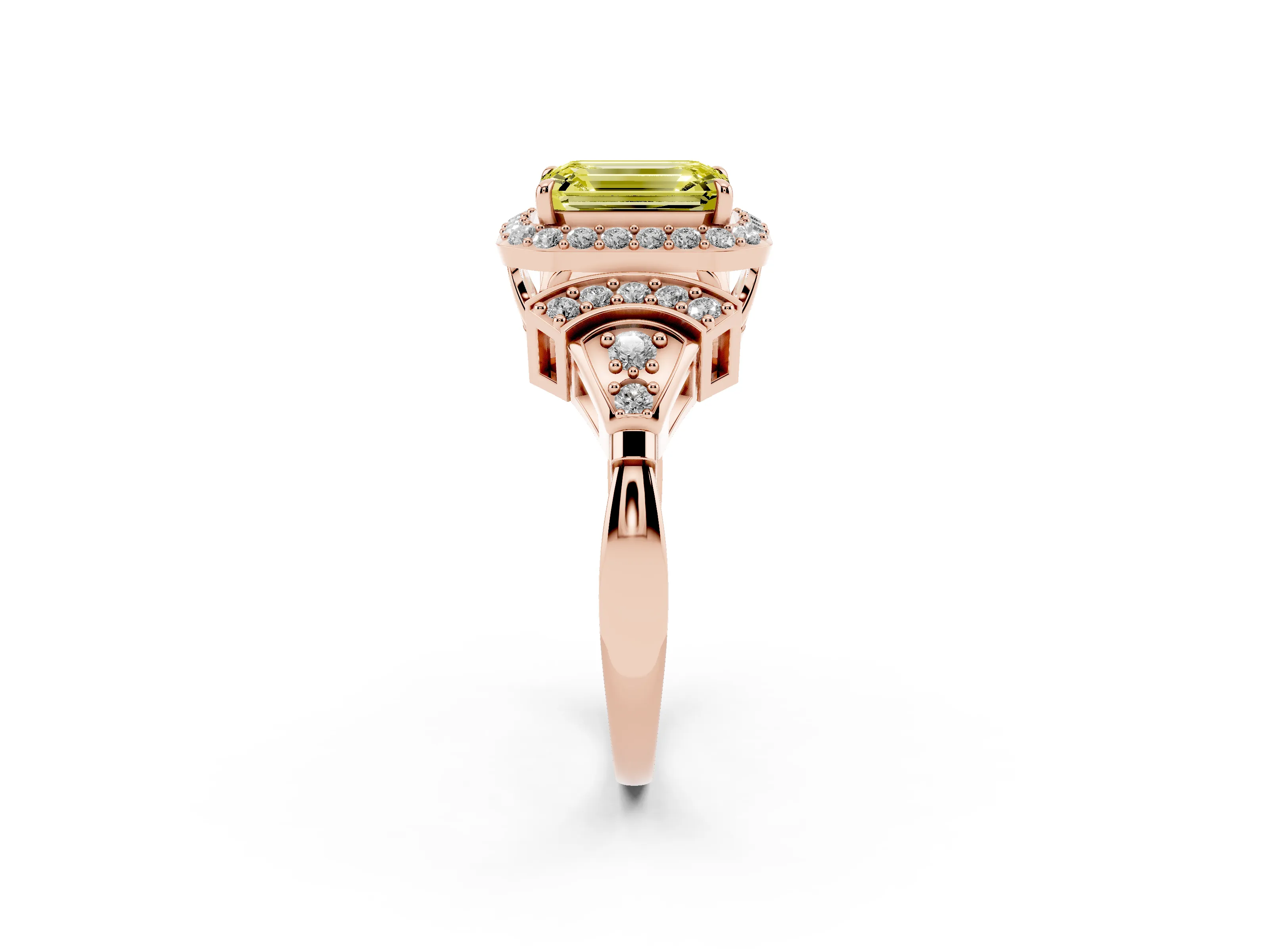 Fancy Yellow Emerald Cut Diamond Halo Engagement Ring Set in Rose gold with Accent Stone Split Shank