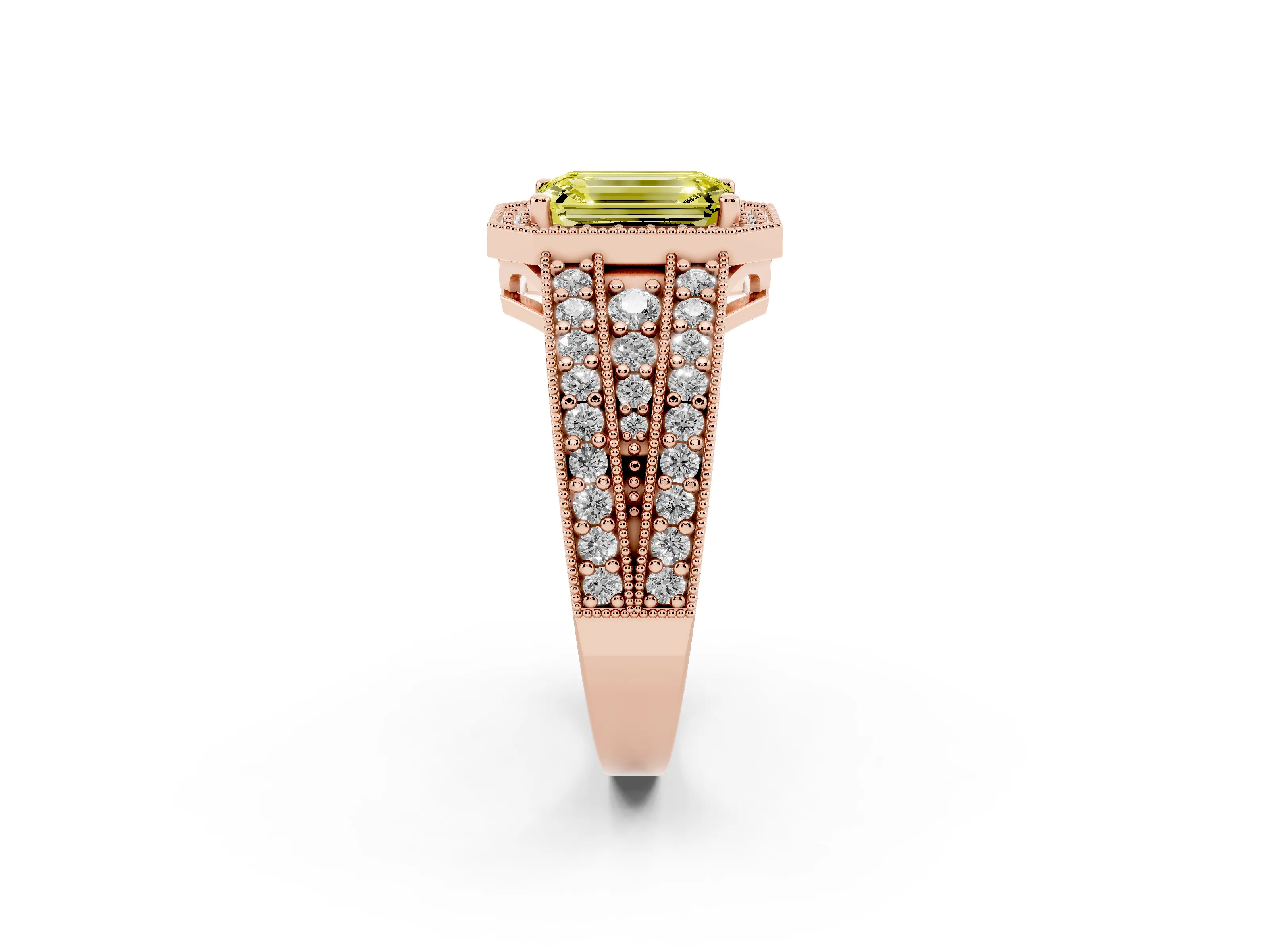 Fancy Yellow Emerald Cut Diamond Halo Ring Set in Rose gold with Accent Split Shank and Prong Setting