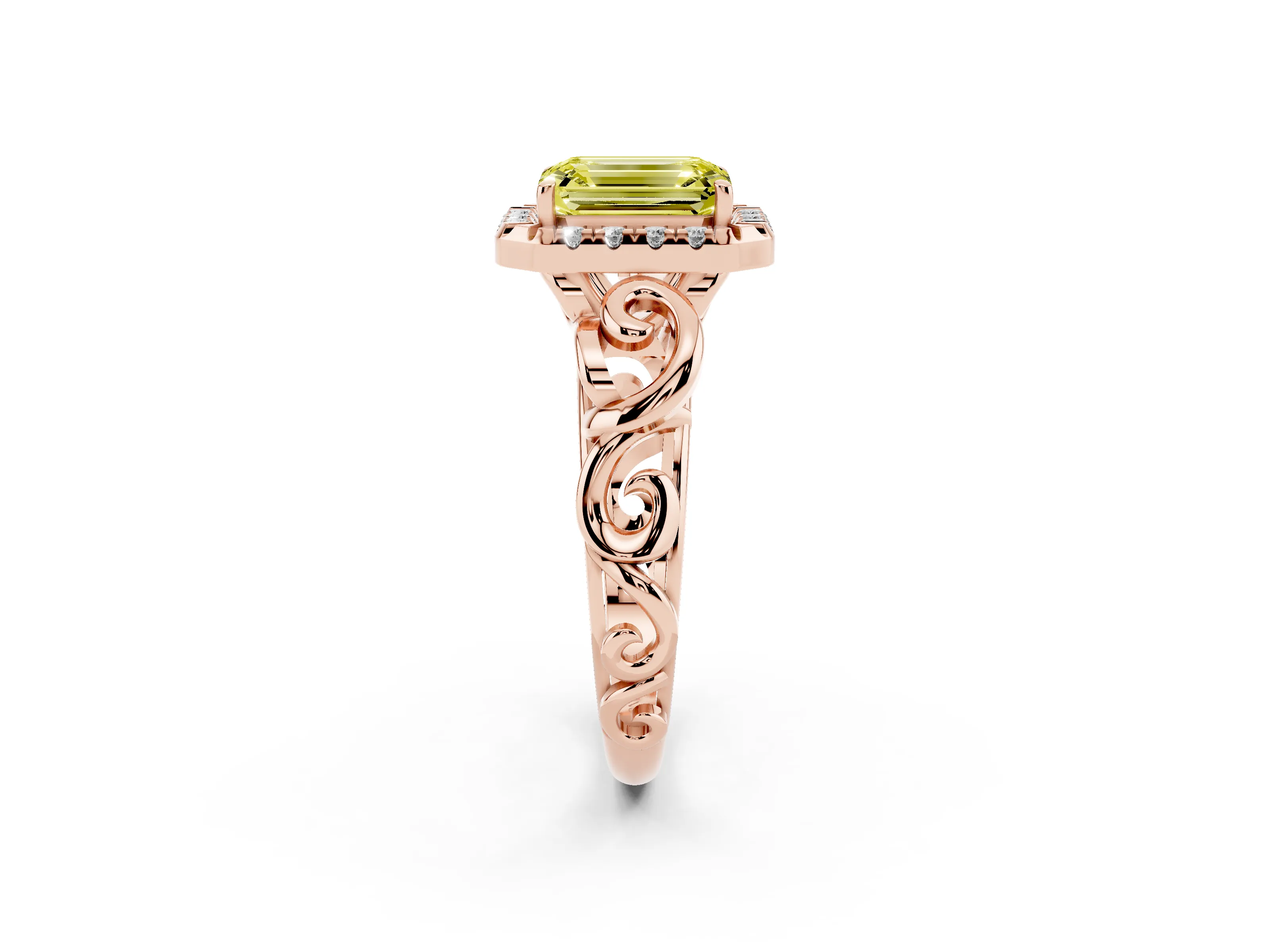 Fancy Yellow Emerald Cut Diamond Halo Ring Set in Rose gold with Scrollwork Band and Prong Setting