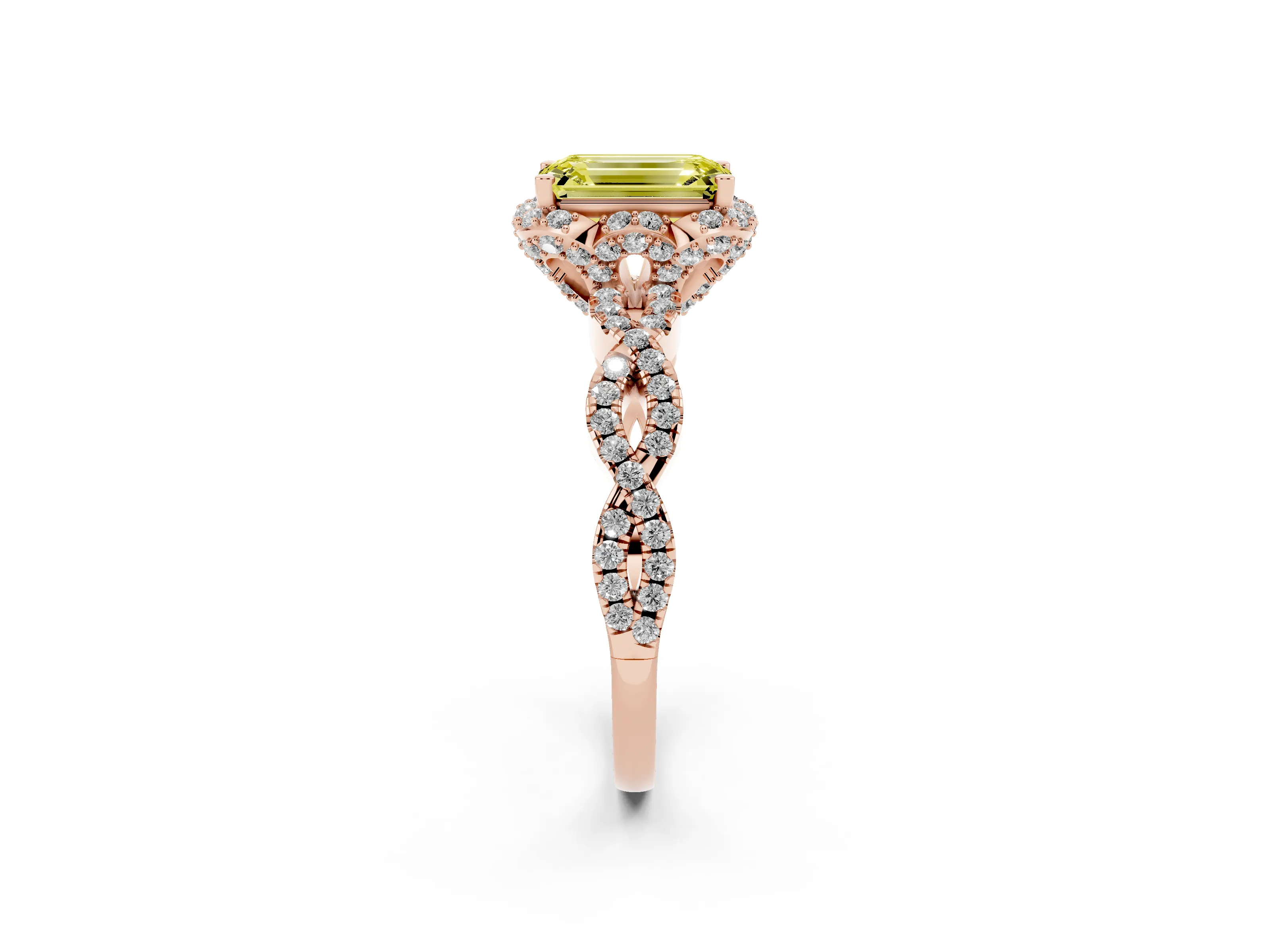 Fancy Yellow Emerald Cut Diamond Halo Twist Band Solitaire Ring Set in Rose gold with Prong-Set Center Stone