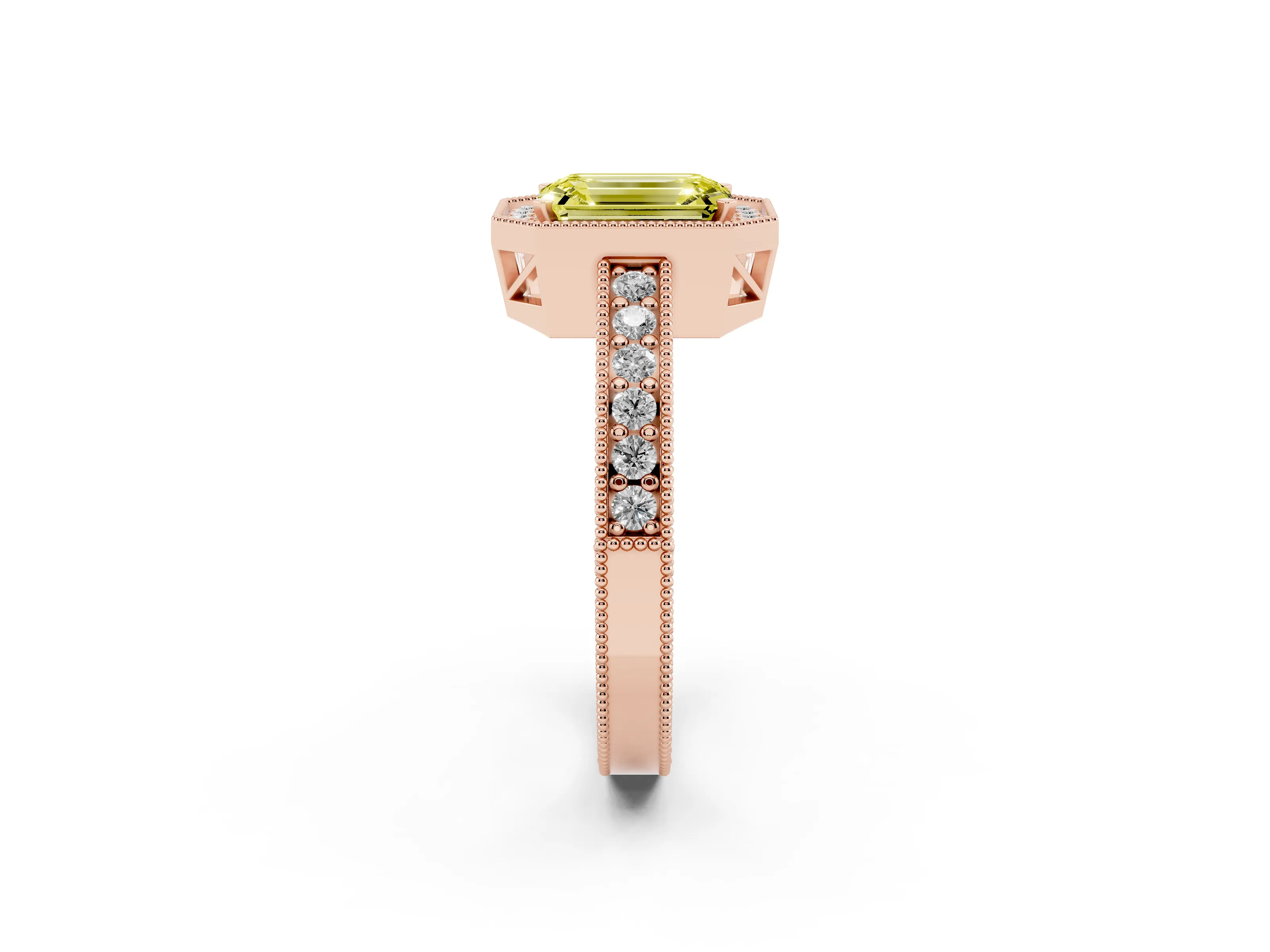 Fancy Yellow Emerald Cut Diamond Halo Pavé Band Ring Set in Rose gold with Prong-Set Center
