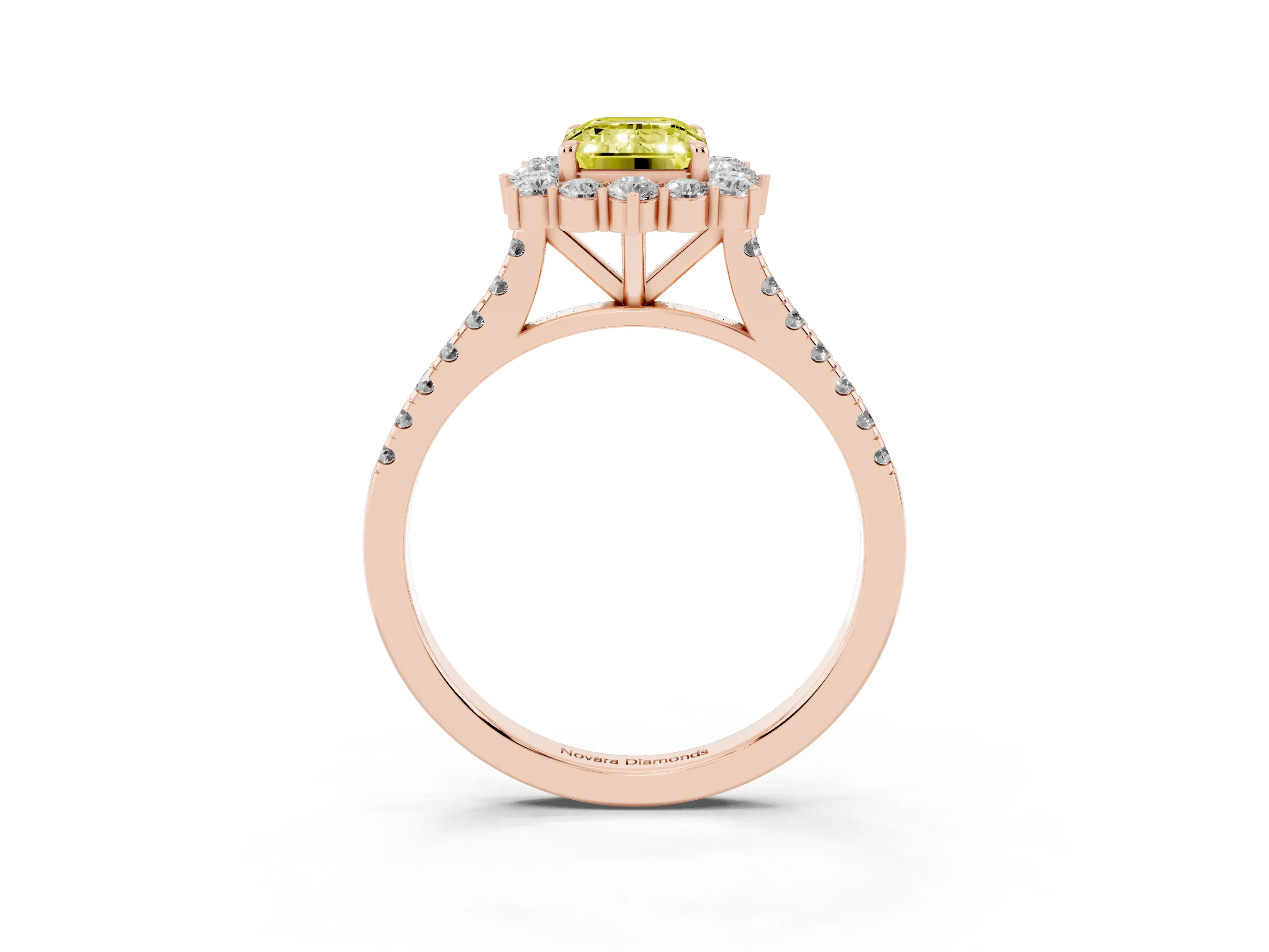 Fancy Yellow Emerald Cut Diamond Halo Ring Set in Rose gold with Pavé Band and Prong Setting
