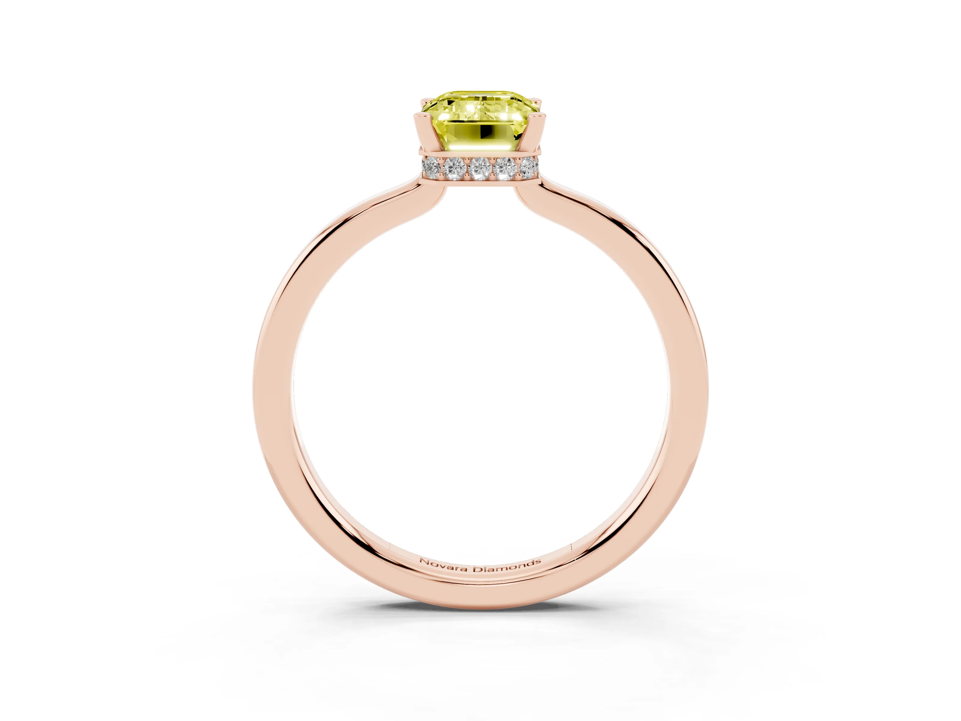 Fancy Yellow Emerald Cut Diamond Solitaire Engagement Ring Set in Rose gold with Prong Setting on a Plain Band