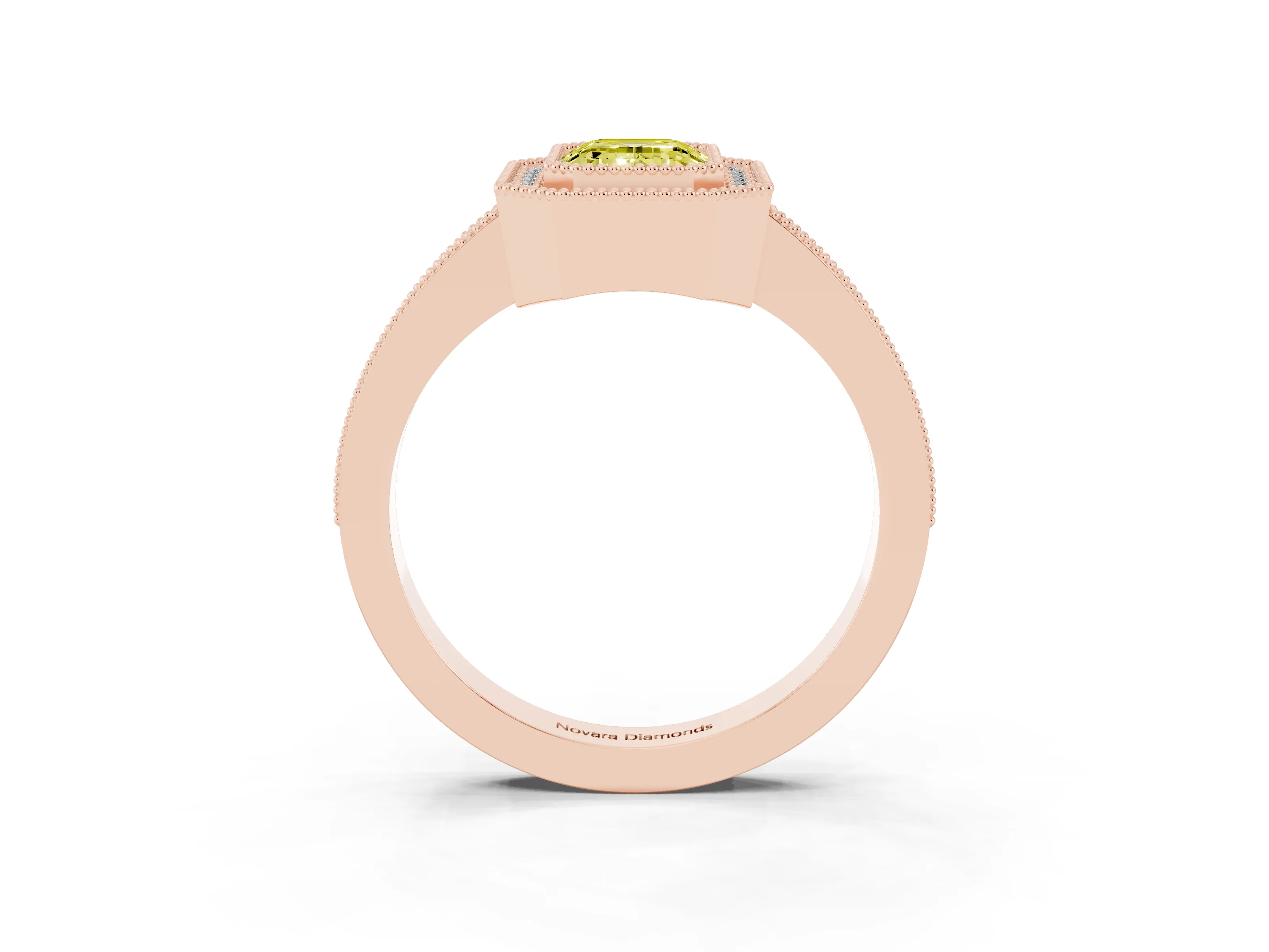 Fancy Yellow Emerald Cut Diamond Halo Engagement Ring Set in Rose gold with Pavé Band and Round Halo Stones
