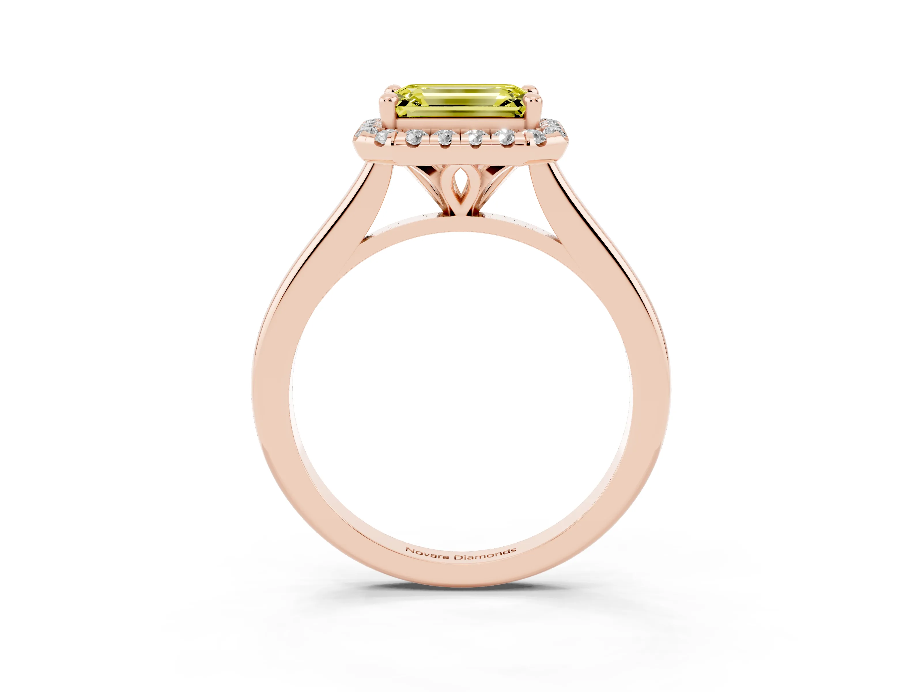 Fancy Yellow Emerald Cut Diamond Halo Engagement Ring Set in Rose gold with Pavé Band and Rising Shoulders