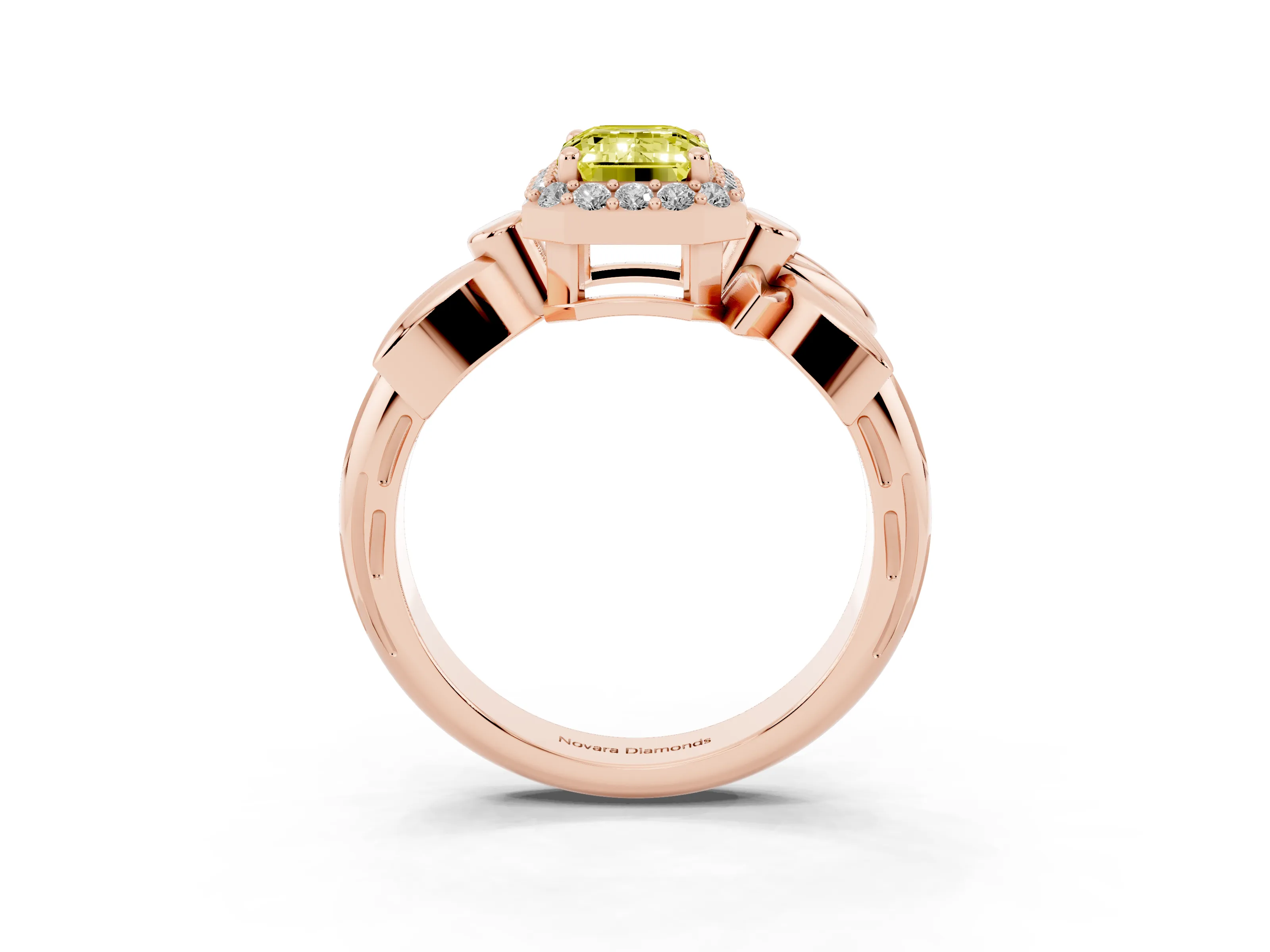 Fancy Yellow Emerald Cut Diamond Halo Floral Band Ring Set in Rose gold with Prong Setting