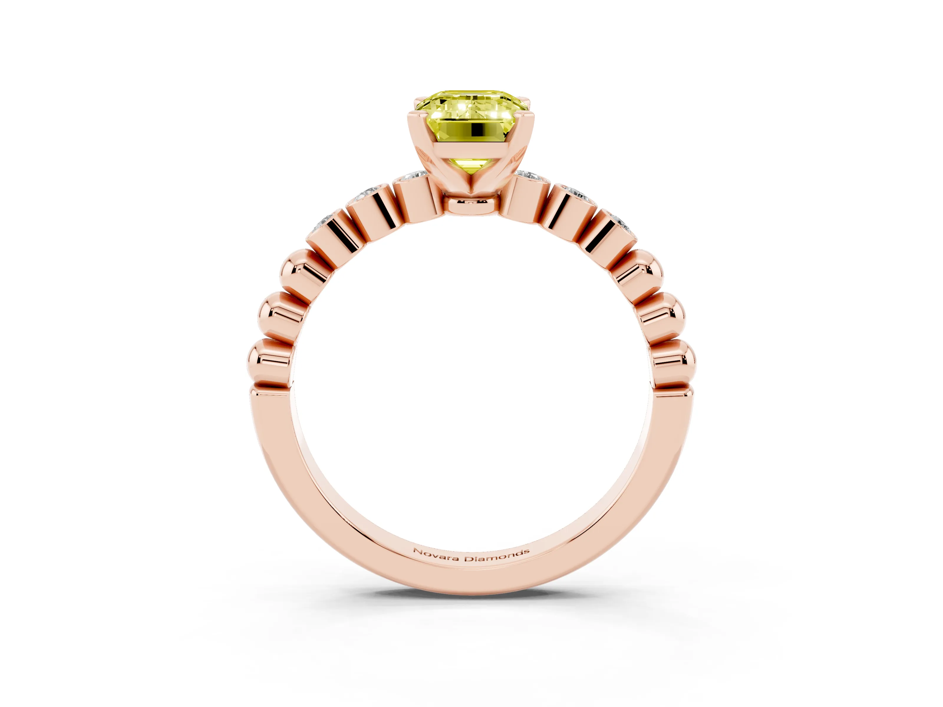 Fancy Yellow Emerald Cut Diamond Solitaire Engagement Ring Set in Rose gold with Bezel Accents on Beaded Band