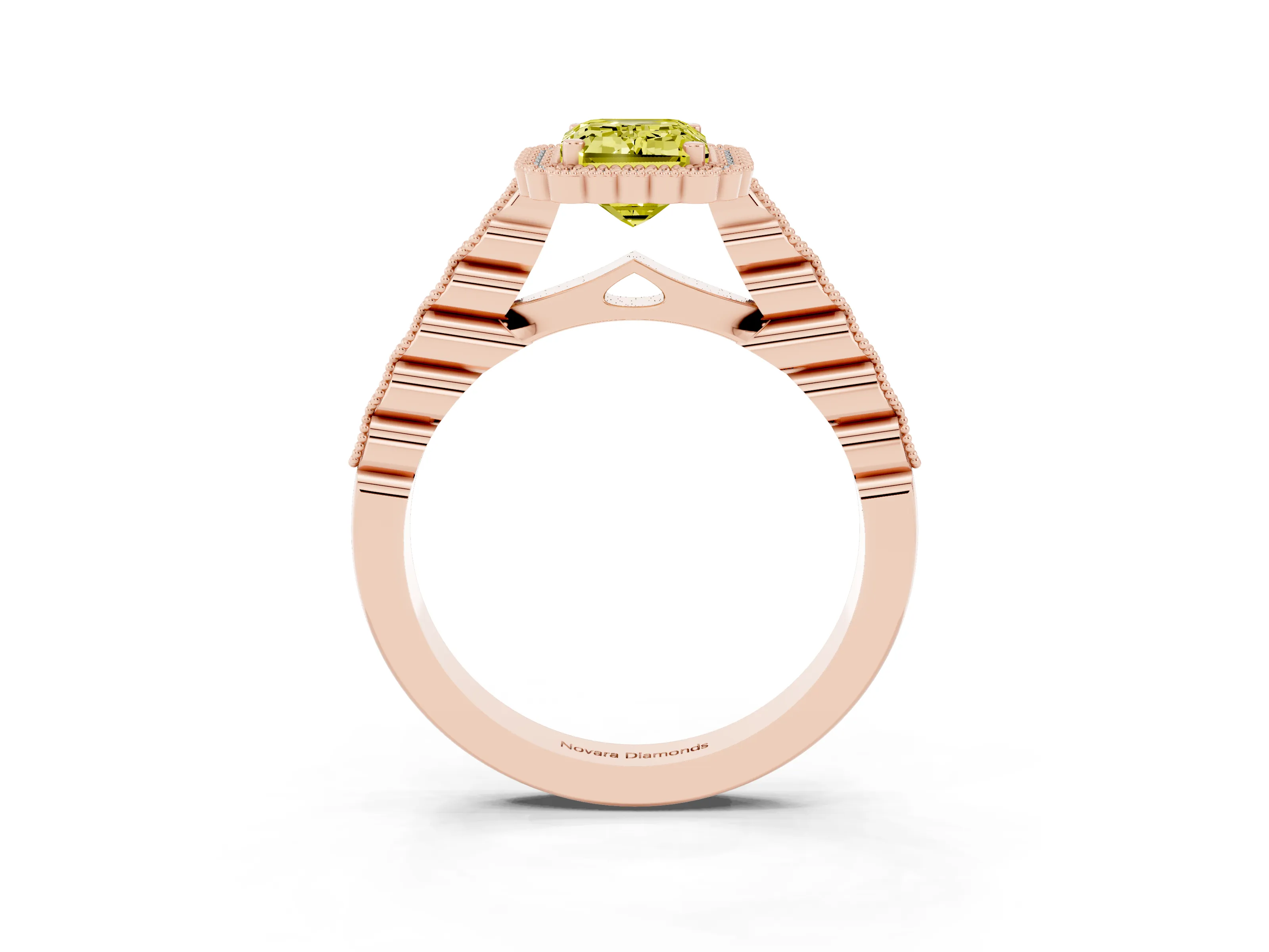 Fancy Yellow Emerald Cut Diamond Halo Ring Set in Rose gold with Pavé Milgrain Band