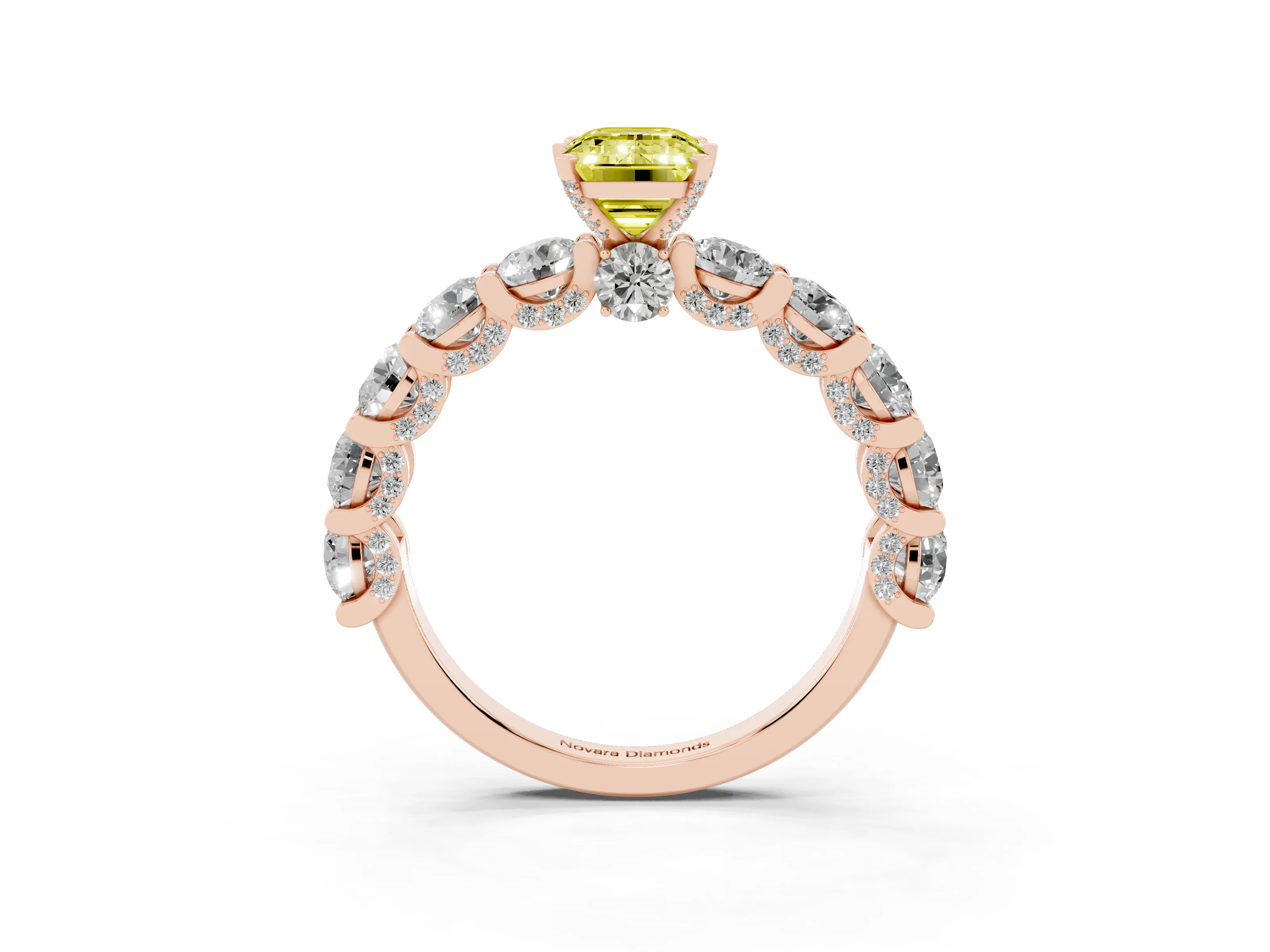 Fancy Yellow Emerald Cut Diamond Side Stone Ring Set in Rose gold with Alternating Round and Oval Side Stones