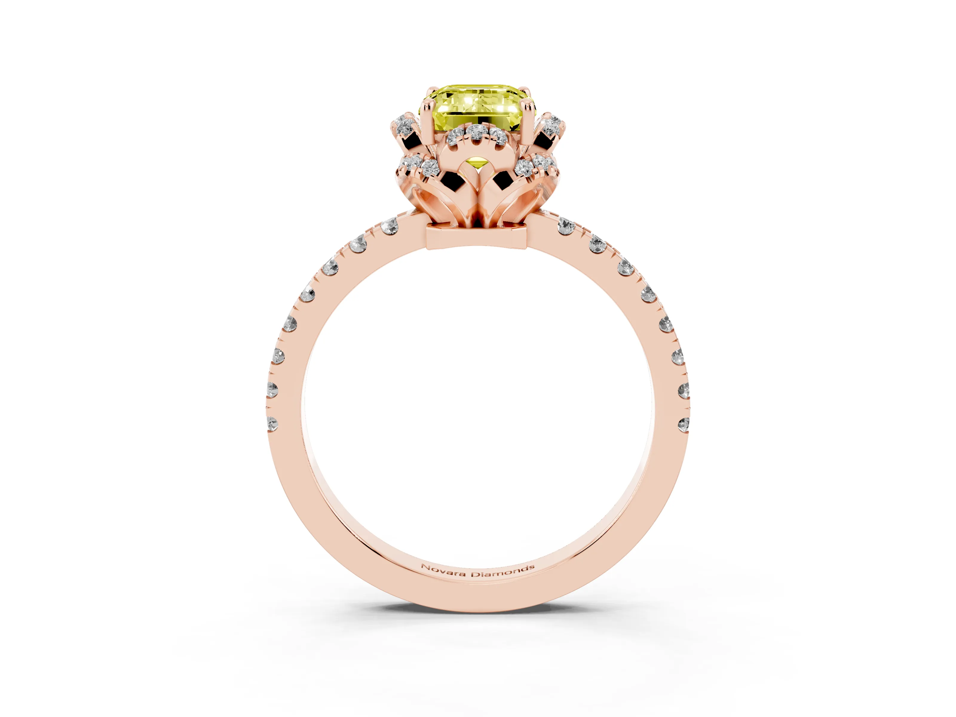 Fancy Yellow Emerald Cut Diamond Halo Pavé Band Ring Set in Rose gold with Prong-Held Center