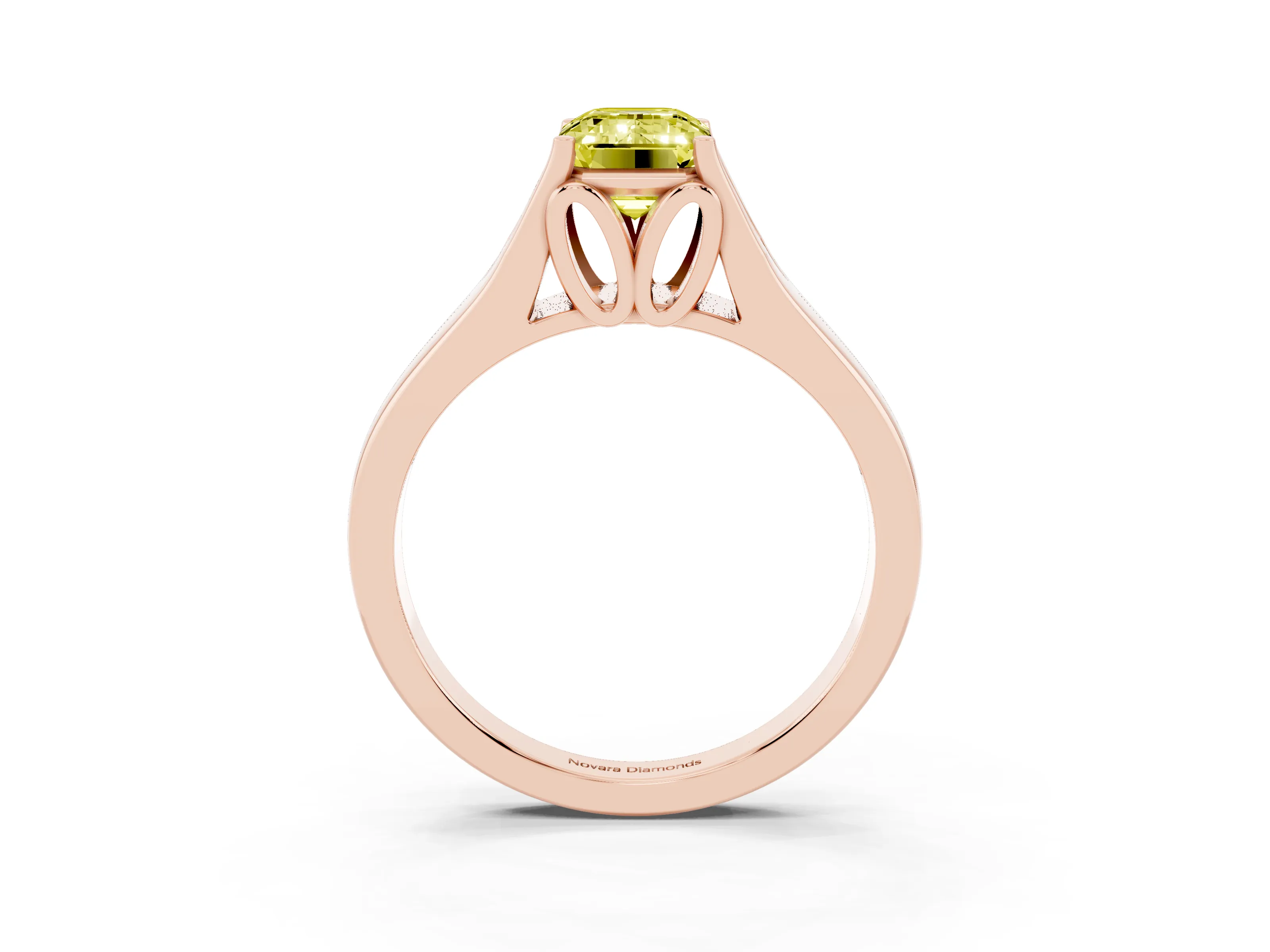 Fancy Yellow Emerald Cut Diamond Solitaire Ring Set in Rose gold with Arched Cathedral Band and Prong Setting