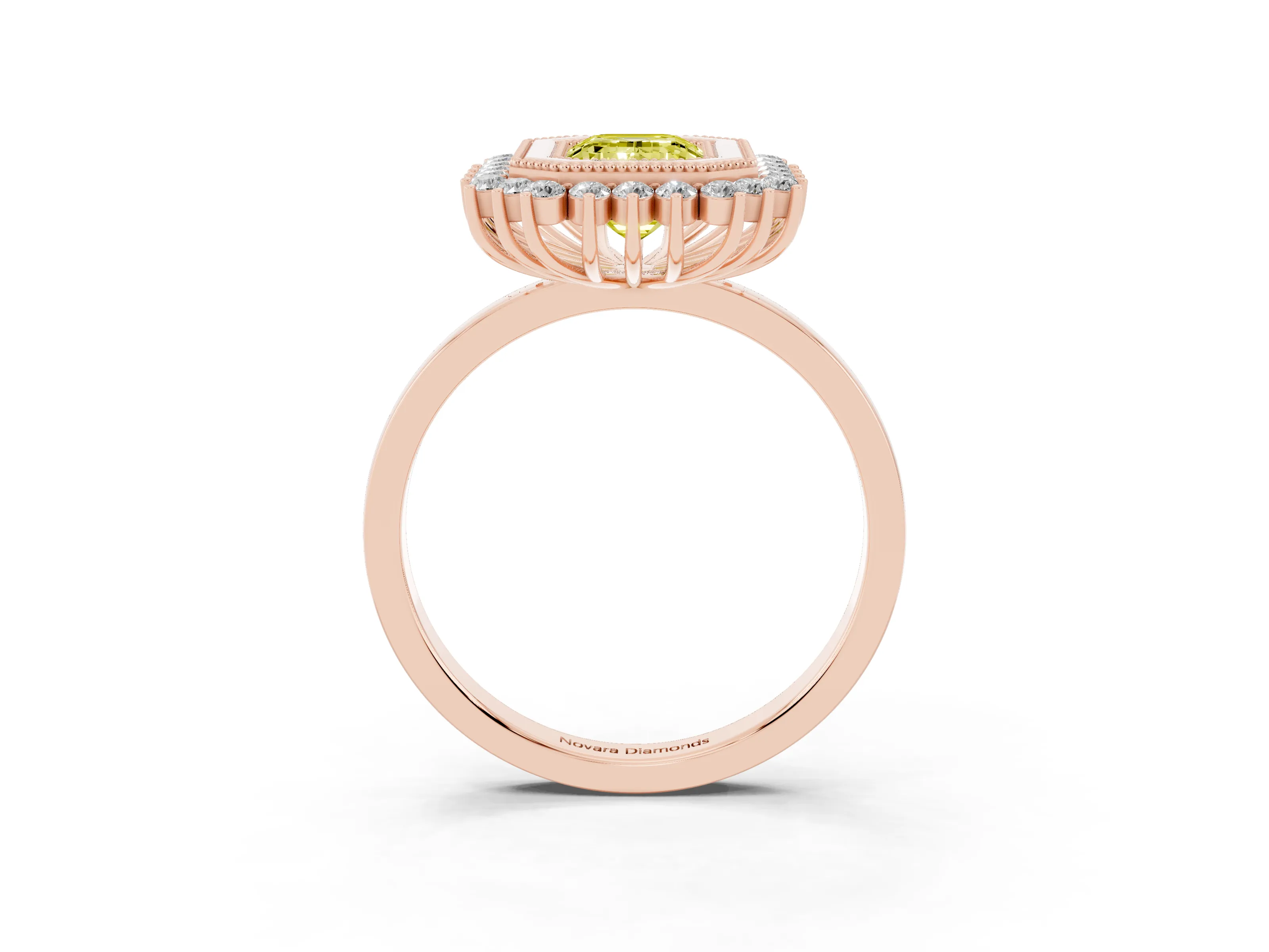 Fancy Yellow Emerald Cut Diamond Halo Ring Set in Rose gold with Milgrain Edge and Round Prong Setting