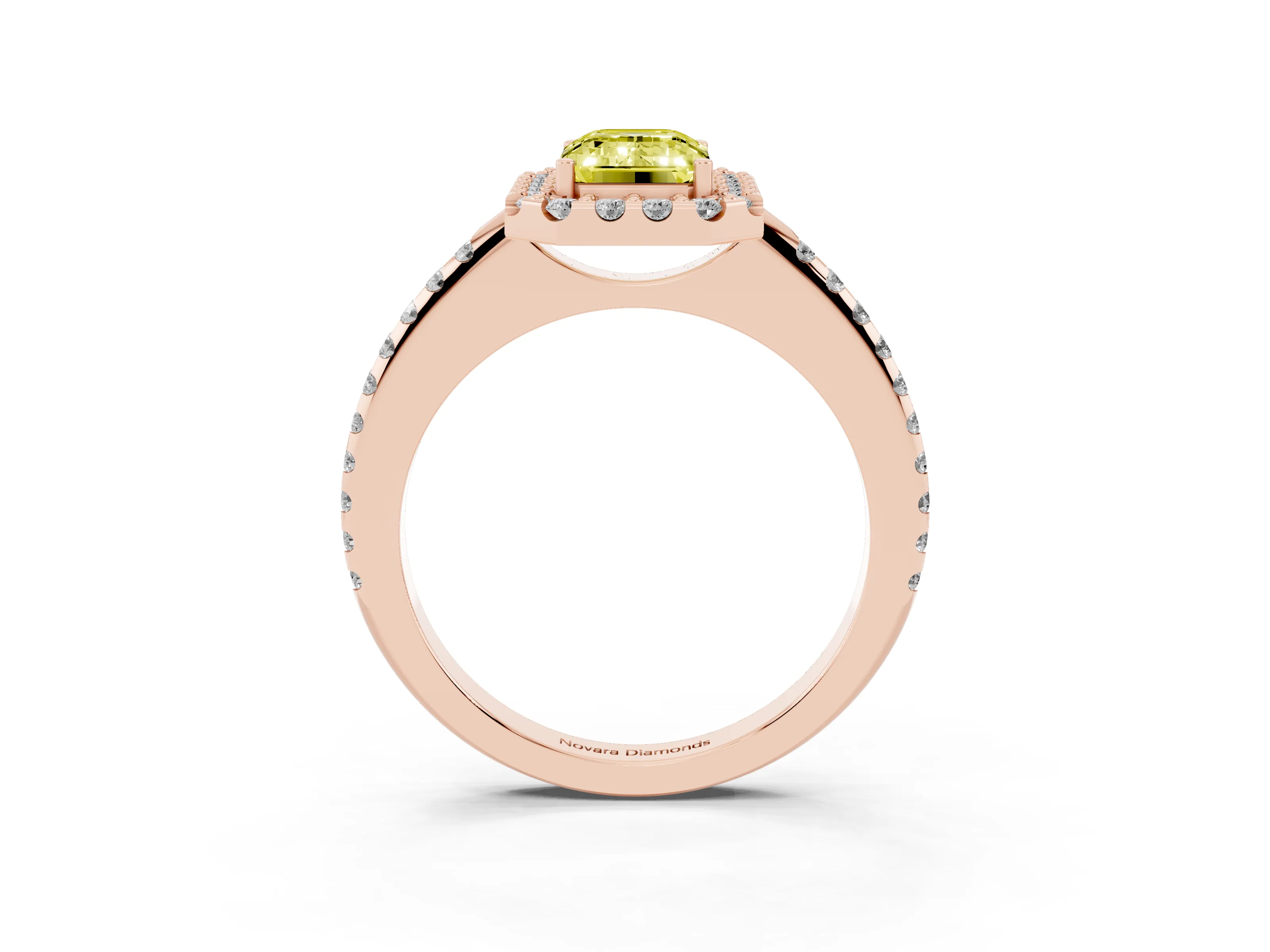 Fancy Yellow Emerald Cut Diamond Pavé Halo Ring Set in Rose gold with Prong Setting