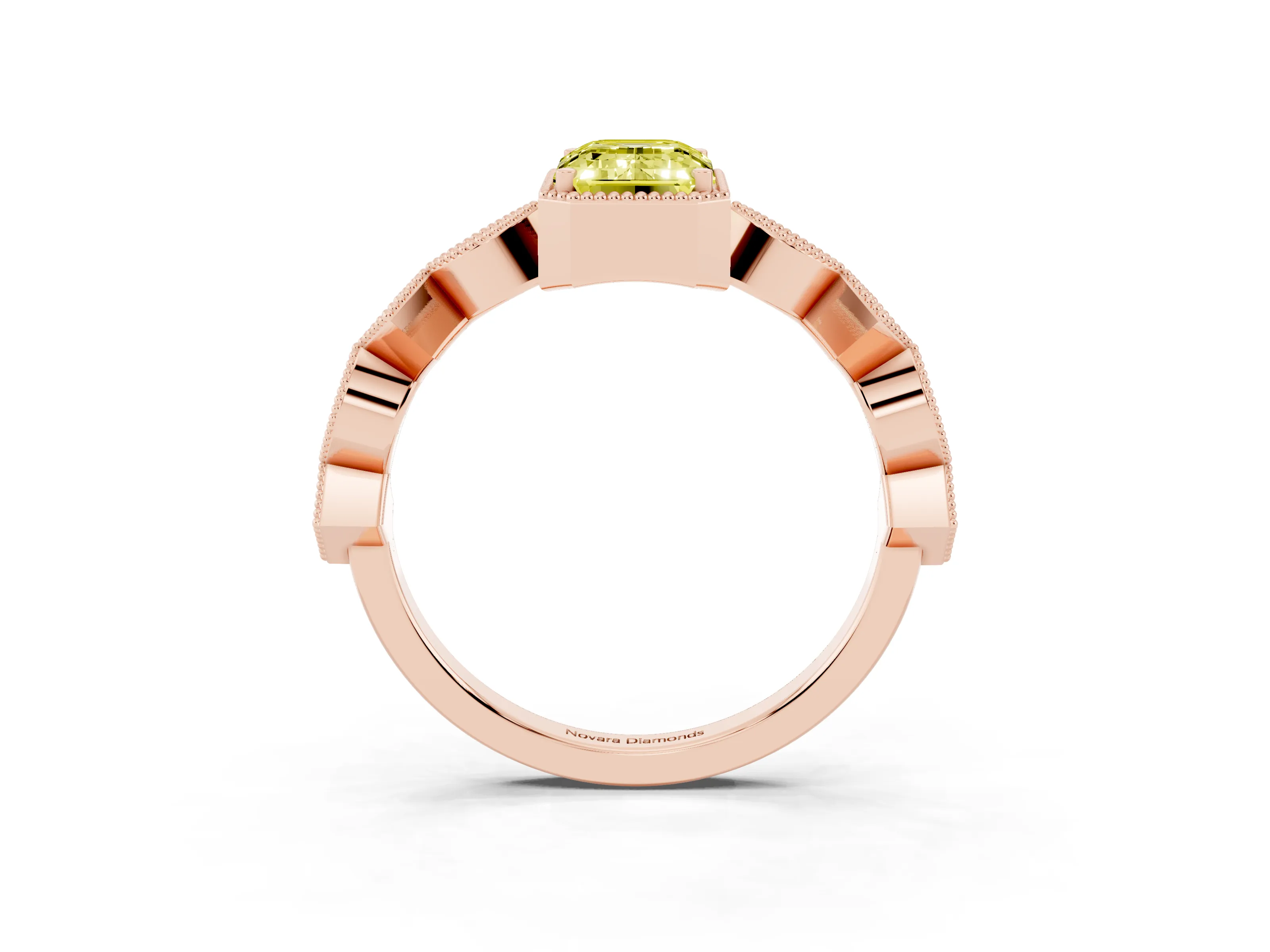 Fancy Yellow Emerald Cut Diamond Milgrain Marquise Twist Band Ring Set in Rose gold with Prong Setting