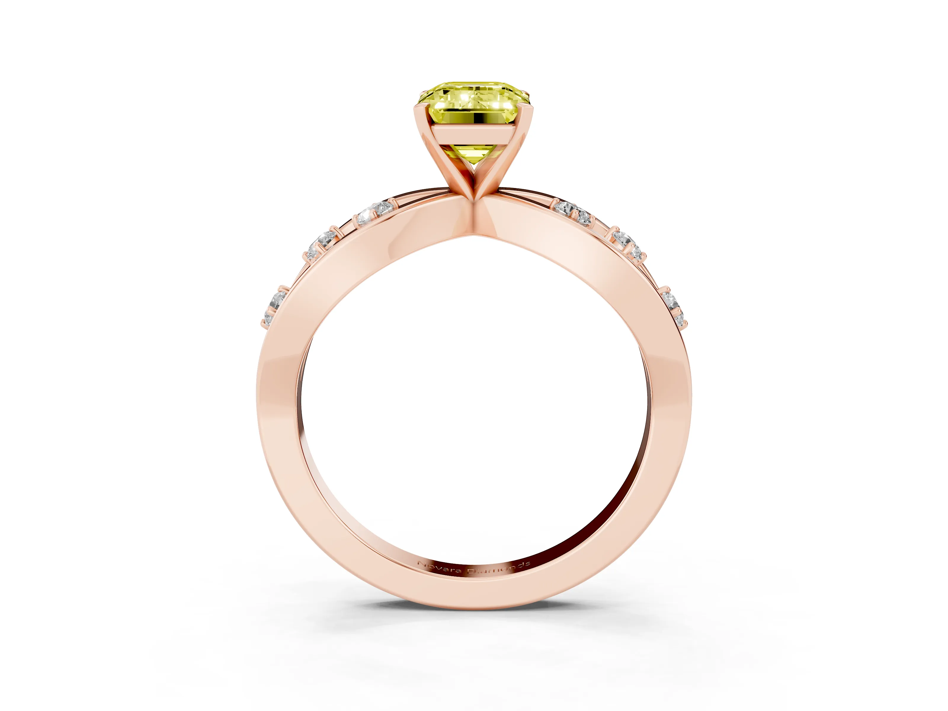 Fancy Yellow Emerald Cut Diamond Solitaire Ring Set in Rose gold with Side Stones on Criss-Cross Band and Prong Setting