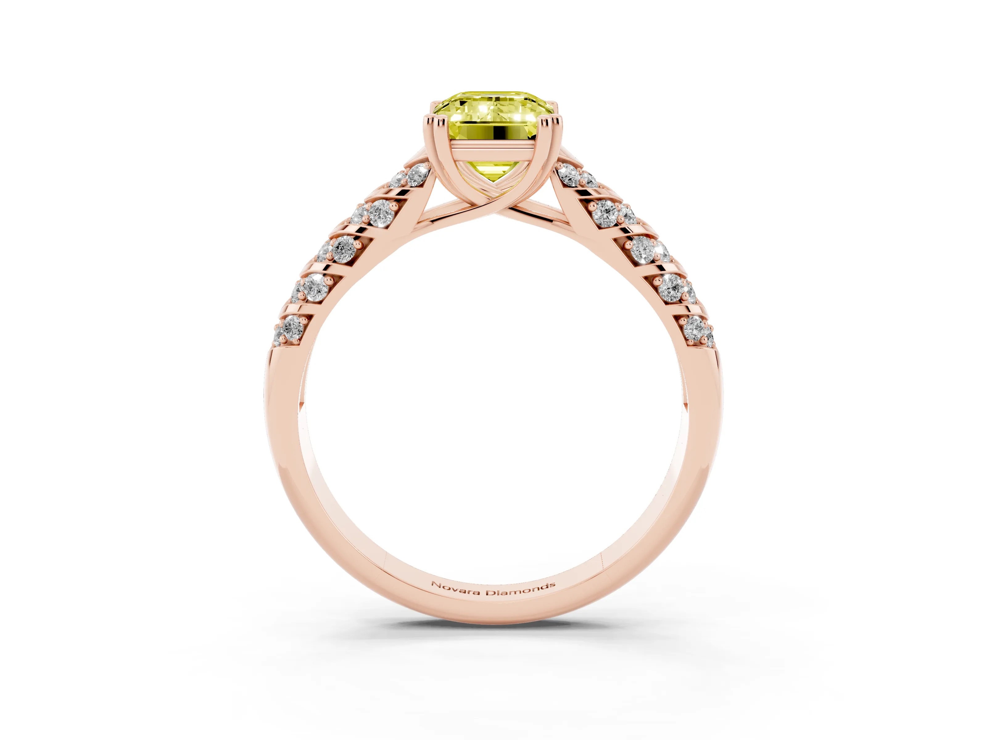 Fancy Yellow Emerald Cut Diamond Solitaire Chevron Pavé Engagement Ring Set in Rose gold with Prong Setting