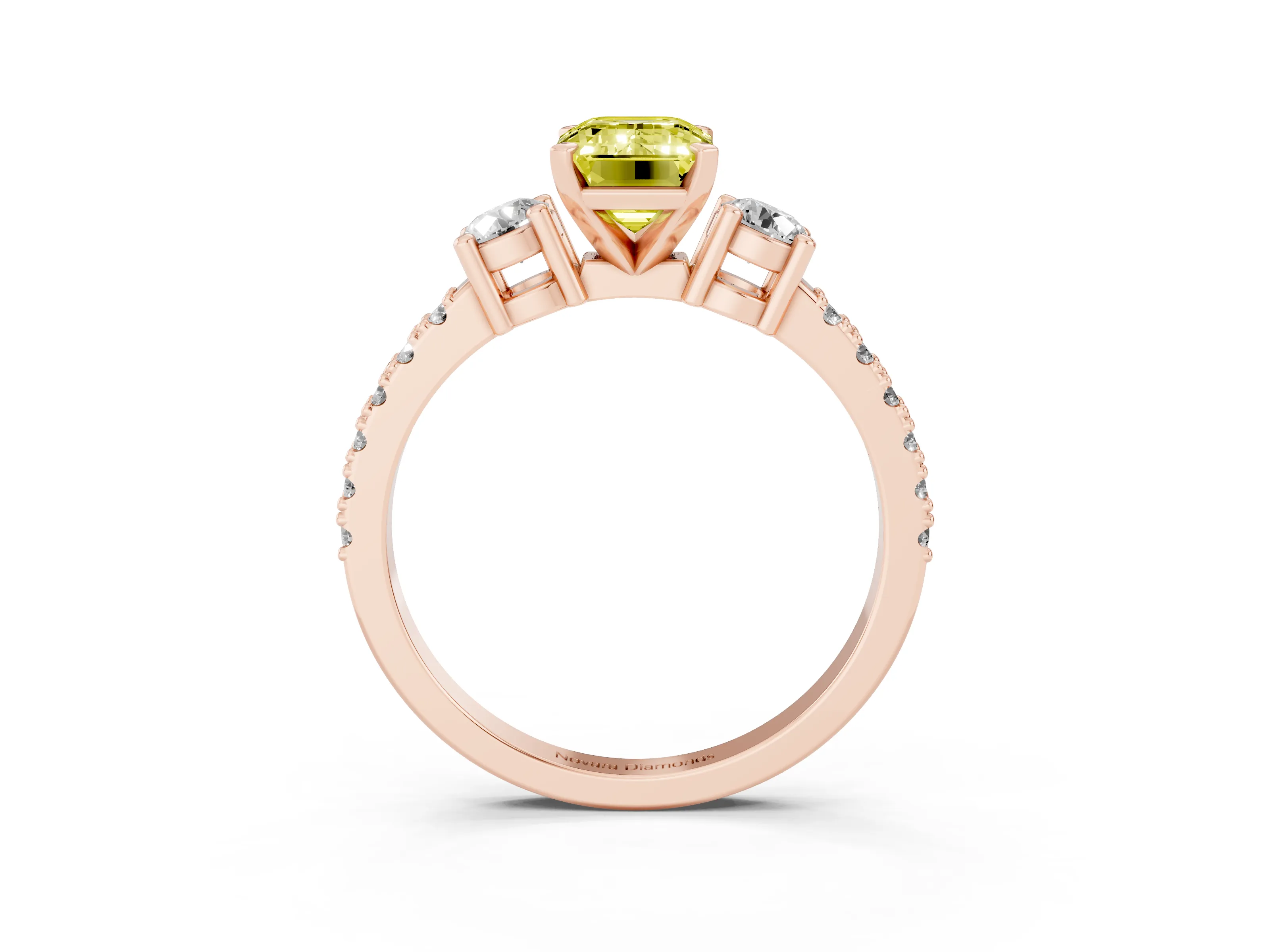 Fancy Yellow Three-Stone Emerald Cut Diamond Pavé Band Ring Set in Rose gold with Prong Setting
