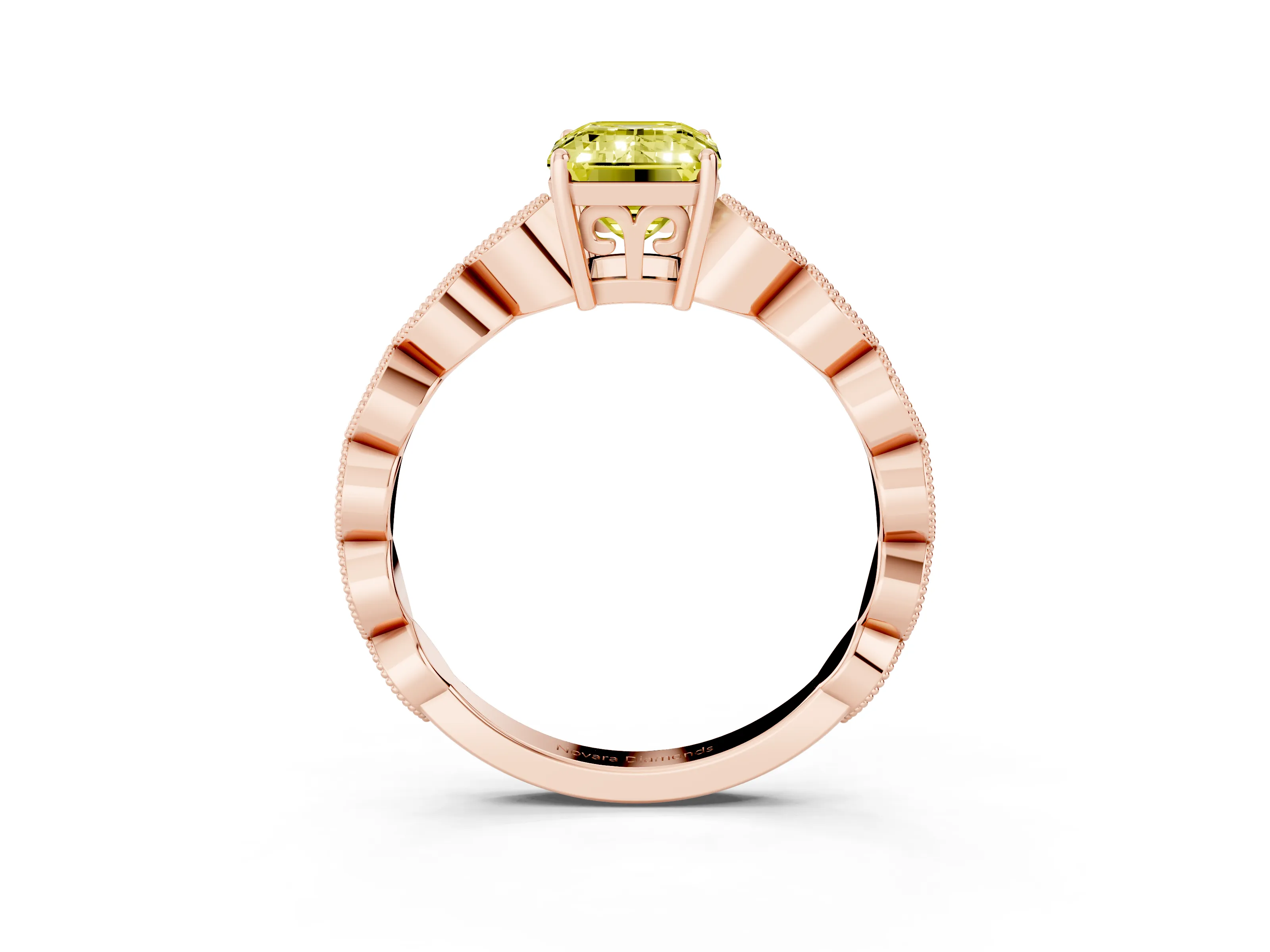 Fancy Yellow Emerald Cut Diamond Solitaire Ring Set in Rose gold with Infinity Twist Pavé Band