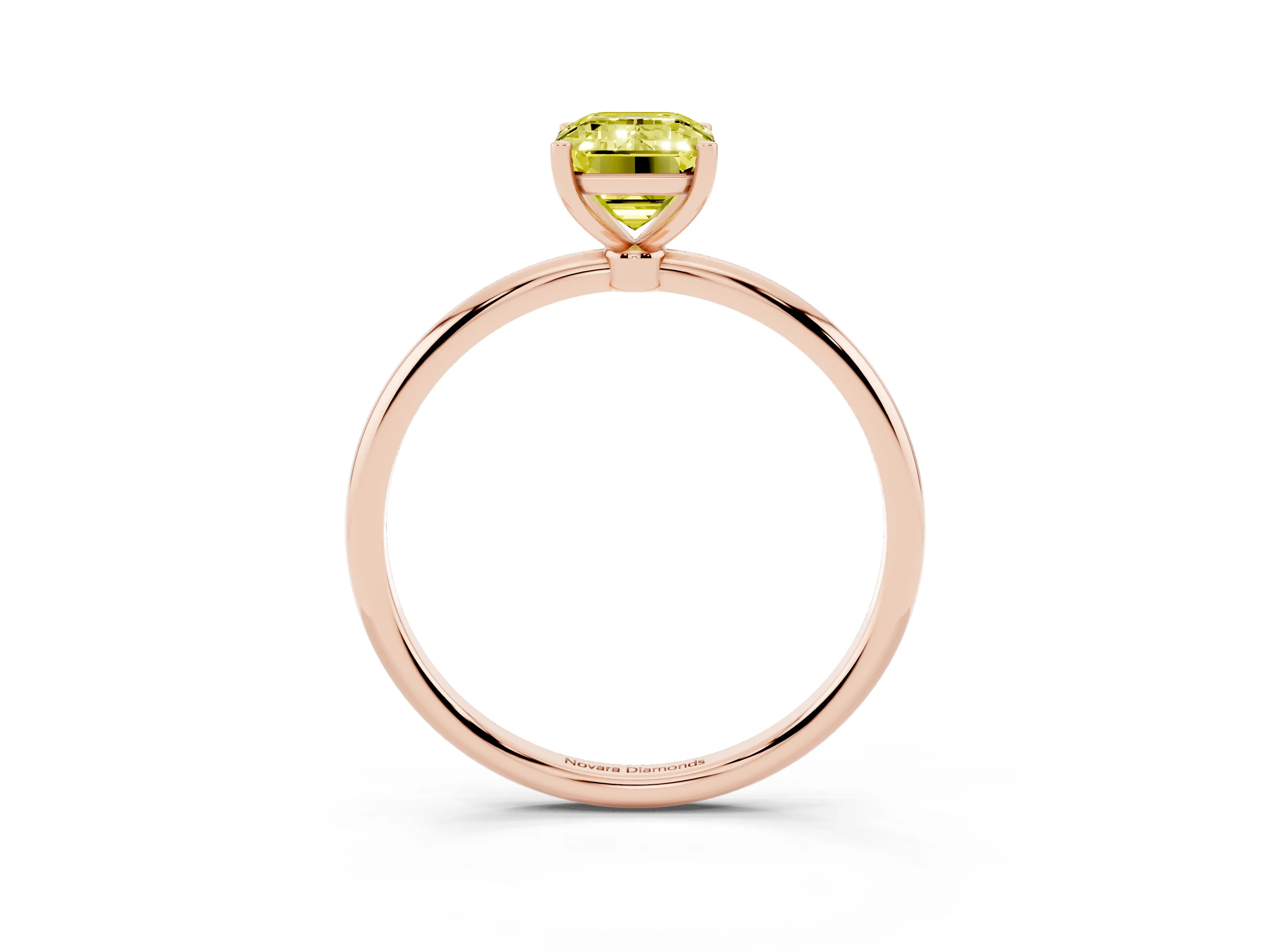 Fancy Yellow Emerald Cut Diamond Solitaire Engagement Ring Set in Rose gold with Thin Band and Prong Setting