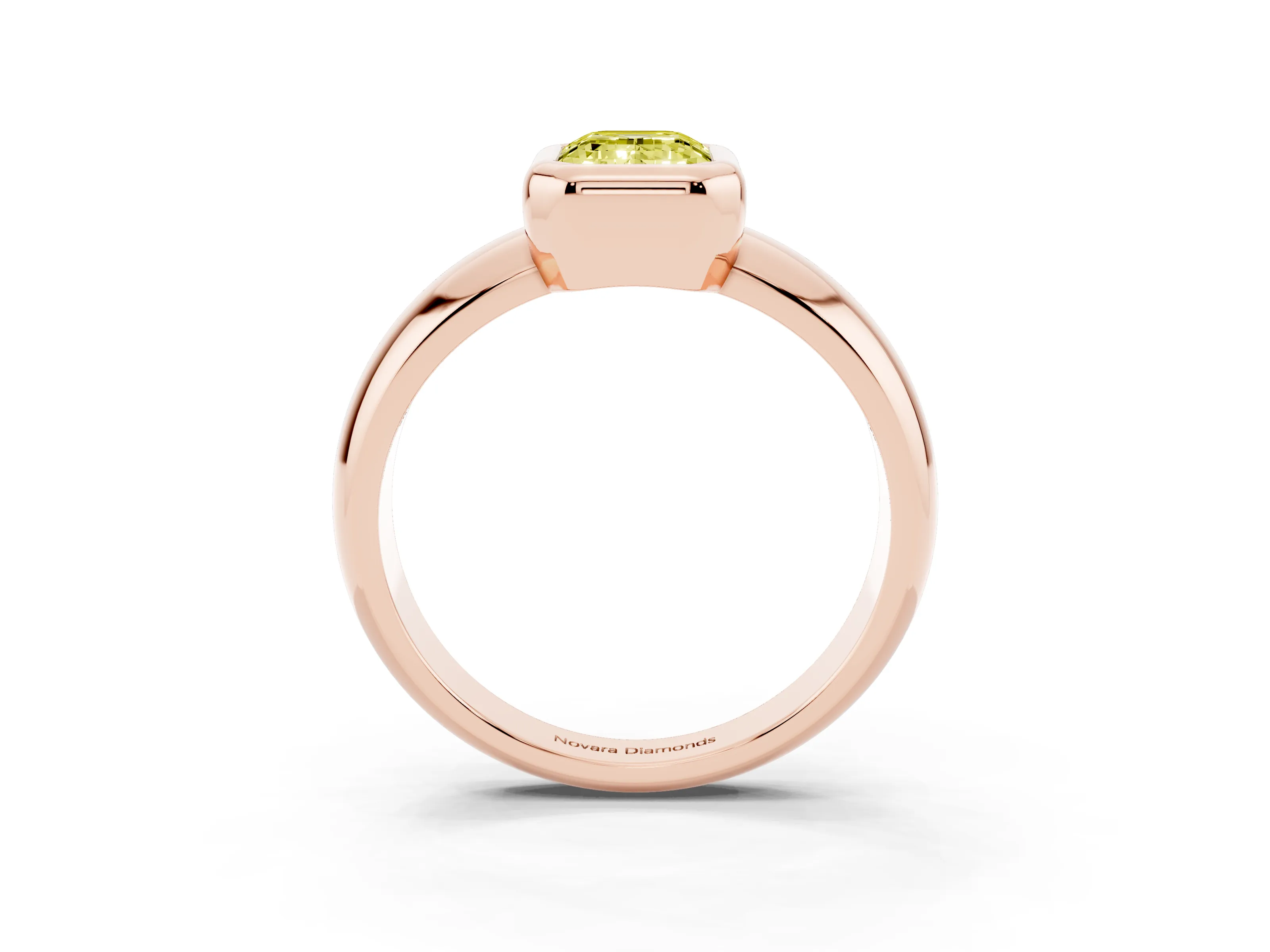 Fancy Yellow Bezel Set Emerald Cut Diamond Solitaire Ring Set in Rose gold with Wide Band
