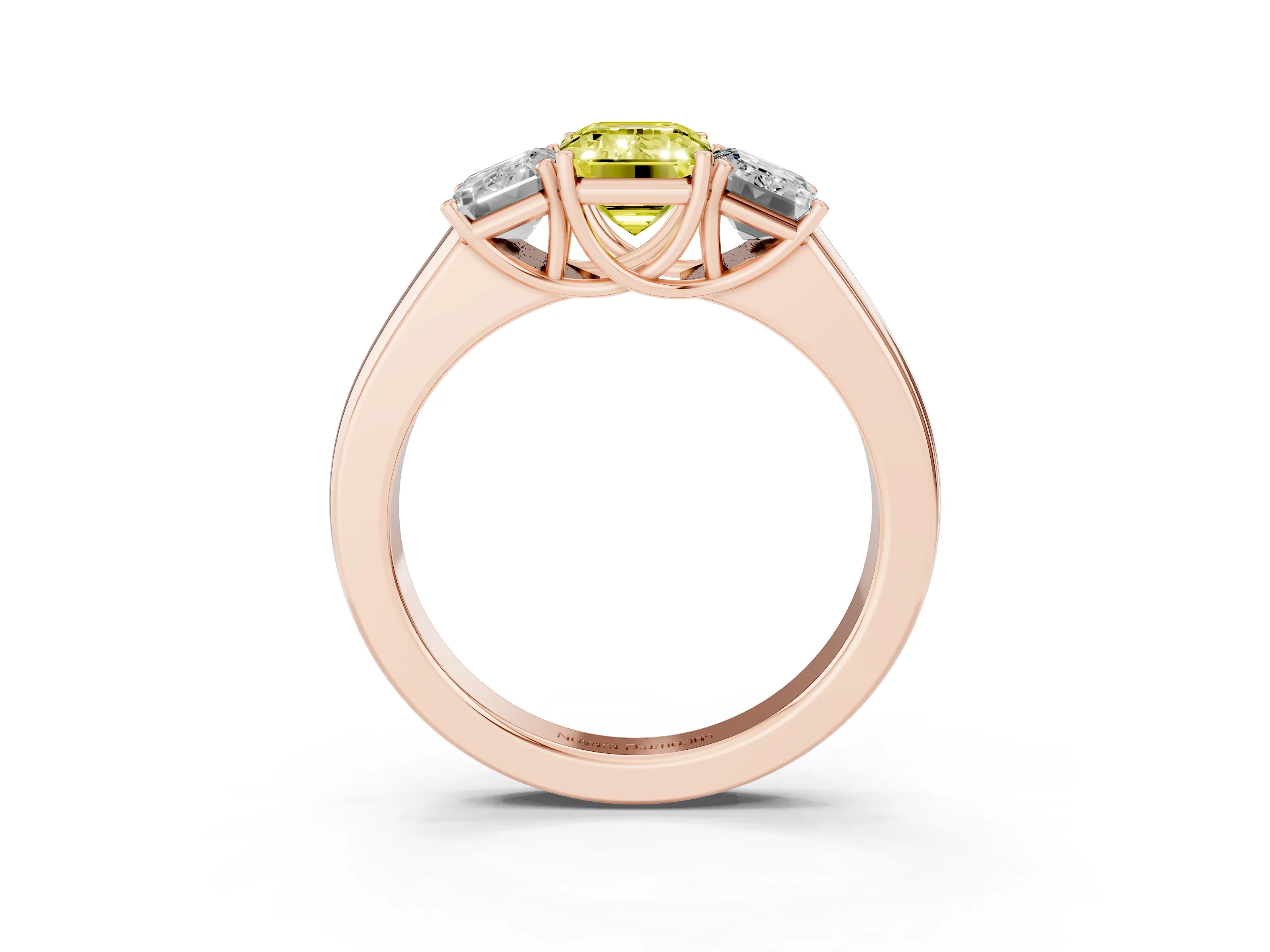 Fancy Yellow Three-Stone Emerald Cut Diamond Ring Set in Rose gold with Matching Prong Settings and Plain Band