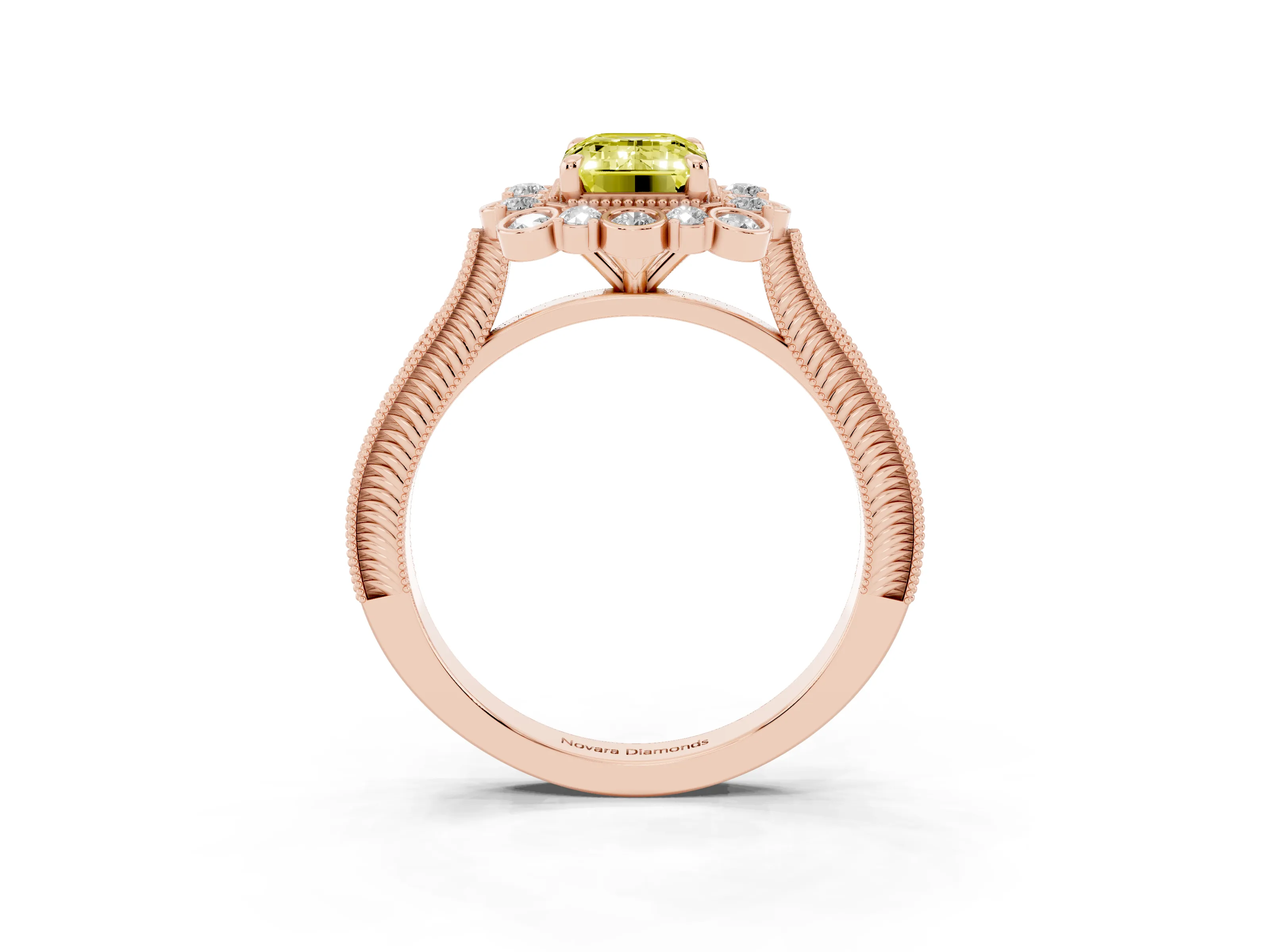 Fancy Yellow Emerald Cut Diamond Halo Milgrain Pavé Ring Set in Rose gold with Prong Setting
