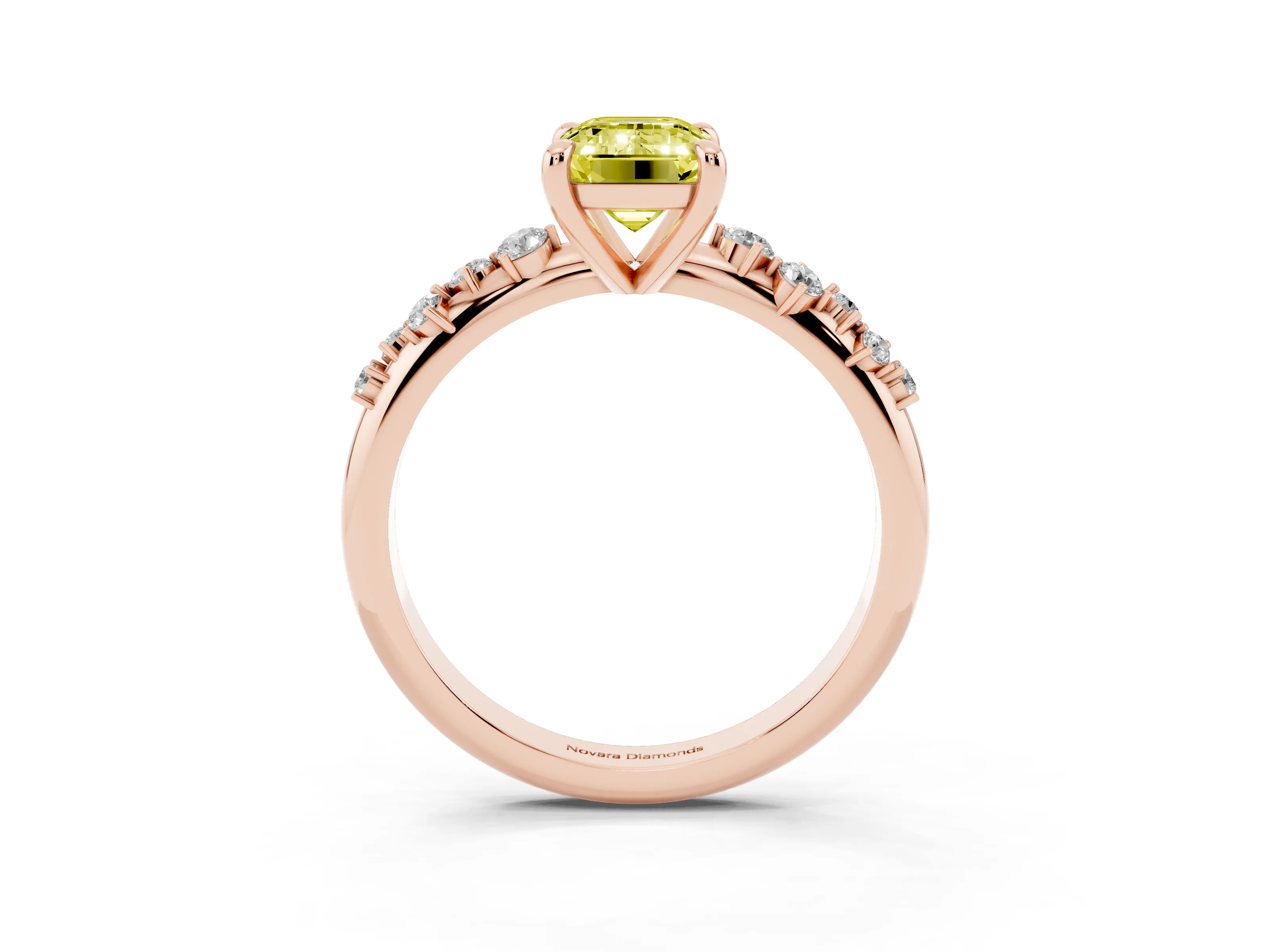 Fancy Yellow Emerald Cut Diamond Solitaire Vine Band Ring Set in Rose gold with Round Accents and Prong Setting