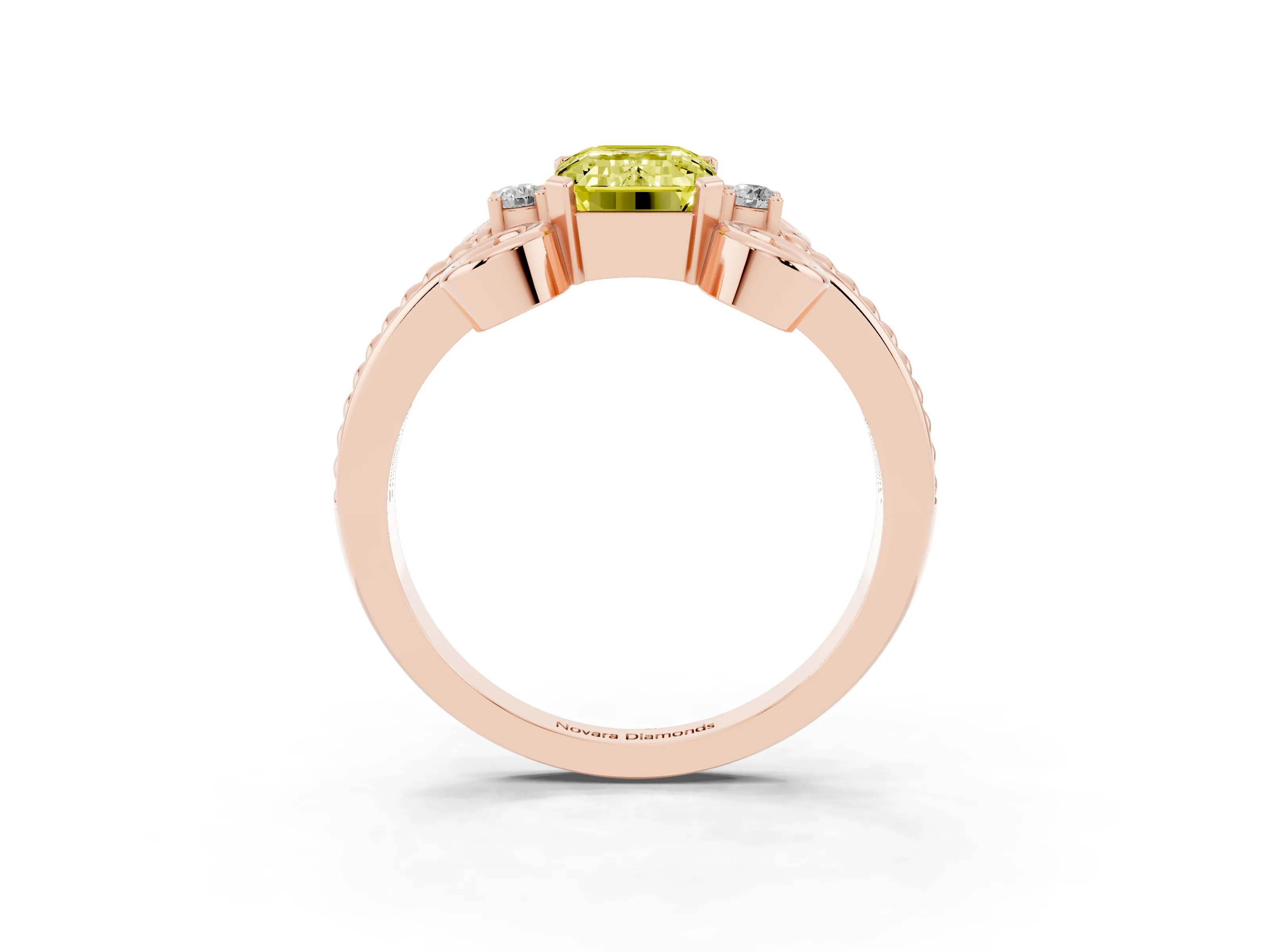 Fancy Yellow Emerald Cut Diamond Twisted Band Solitaire Ring Set in Rose gold with Scroll Prongs