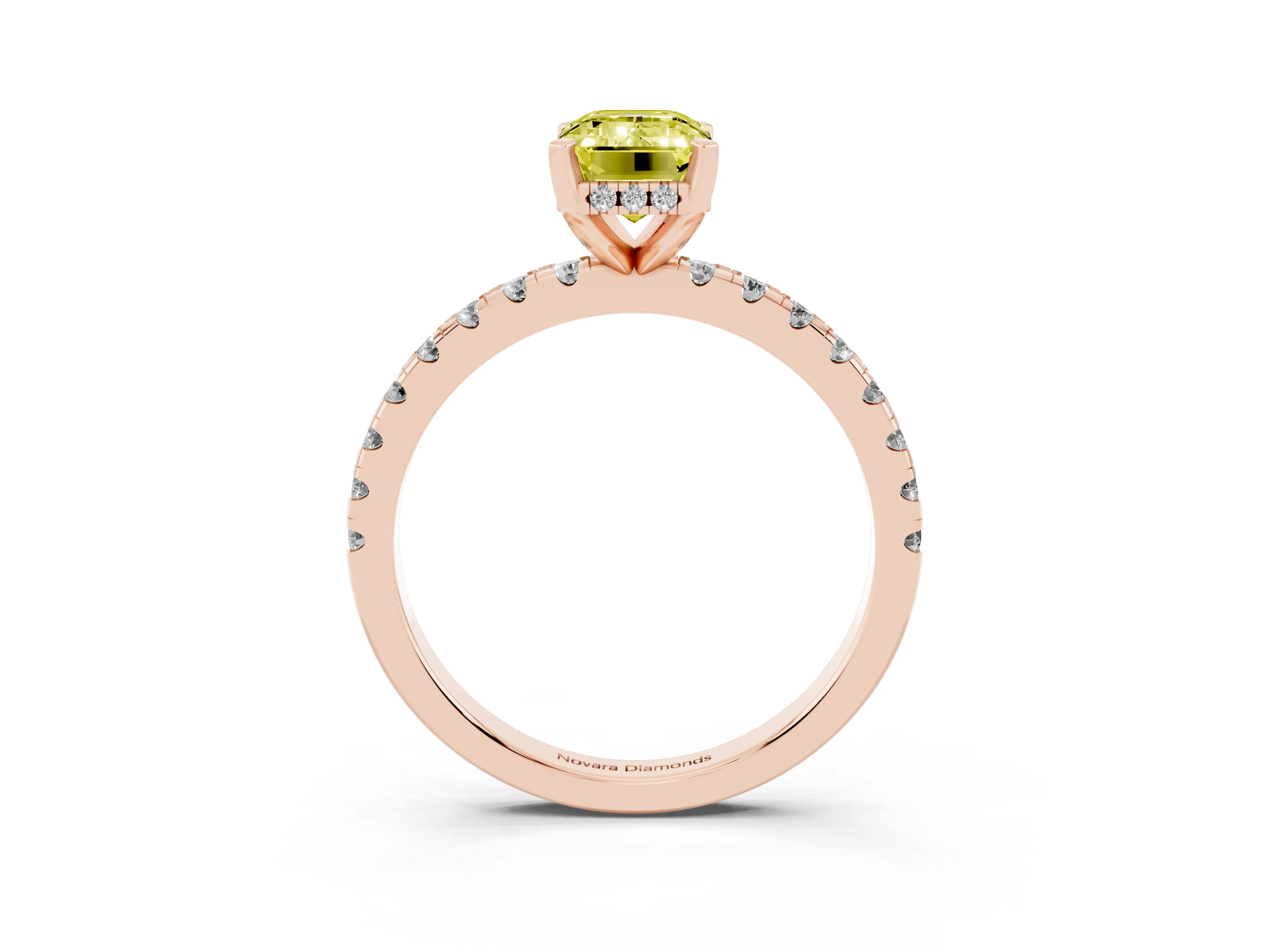 Fancy Yellow Emerald Cut Diamond Pavé Solitaire Ring Set in Rose gold with Round Band Accents and Prong Setting